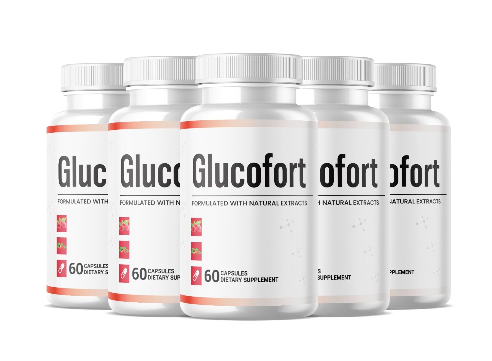 Fünf weiße Flaschen Glucofort. Jede enthält 60 Kapseln. Aufschrift: Formuliert mit natürlichen Extrakten.