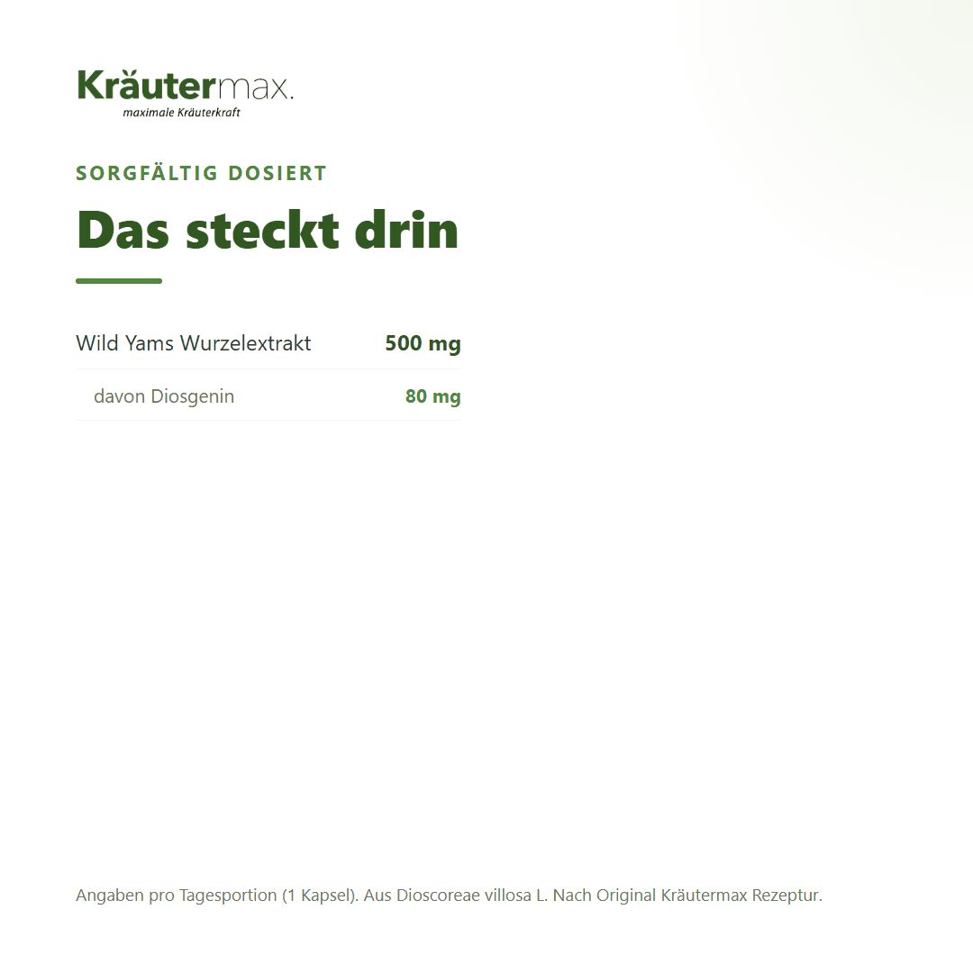 Kräutermax: Wild Yams Wurzelextrakt 500 mg, davon Diosgenin 80 mg.