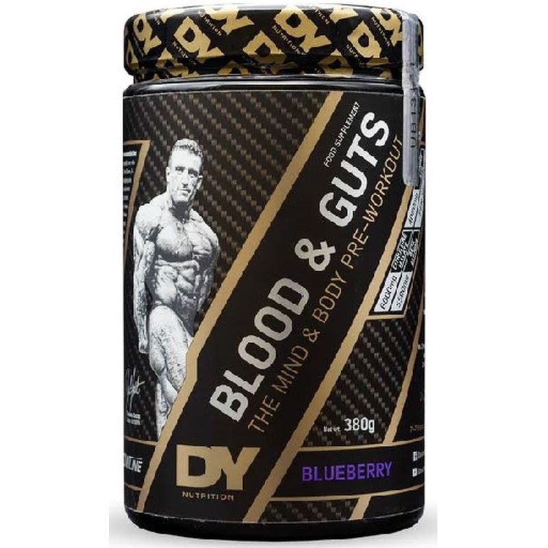 Dose DY Nutrition Blood & Guts. Schwarzer Behälter mit goldfarbenen Akzenten. Aufschrift: BLOOD & GUTS, Blueberry. Abbildung eines Mannes.