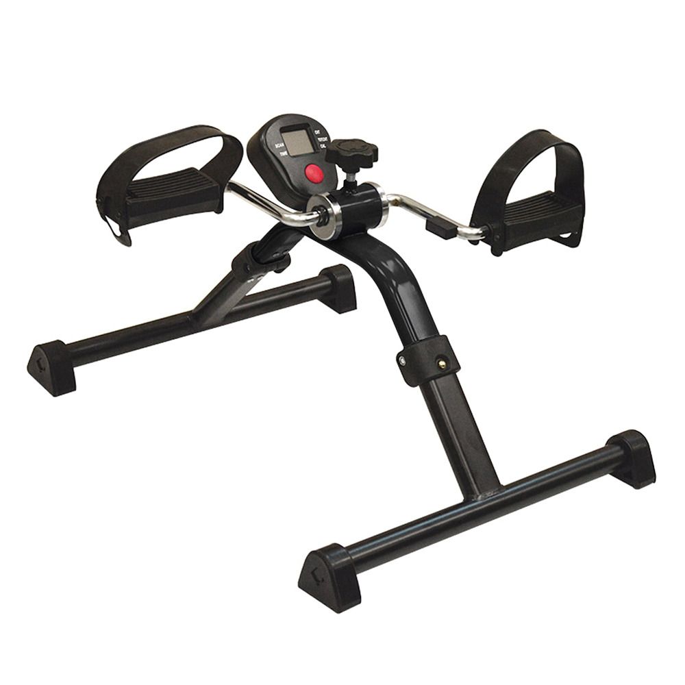 Klappbarer Heimtrainer mit digitaler Anzeige und Fußschlaufen.