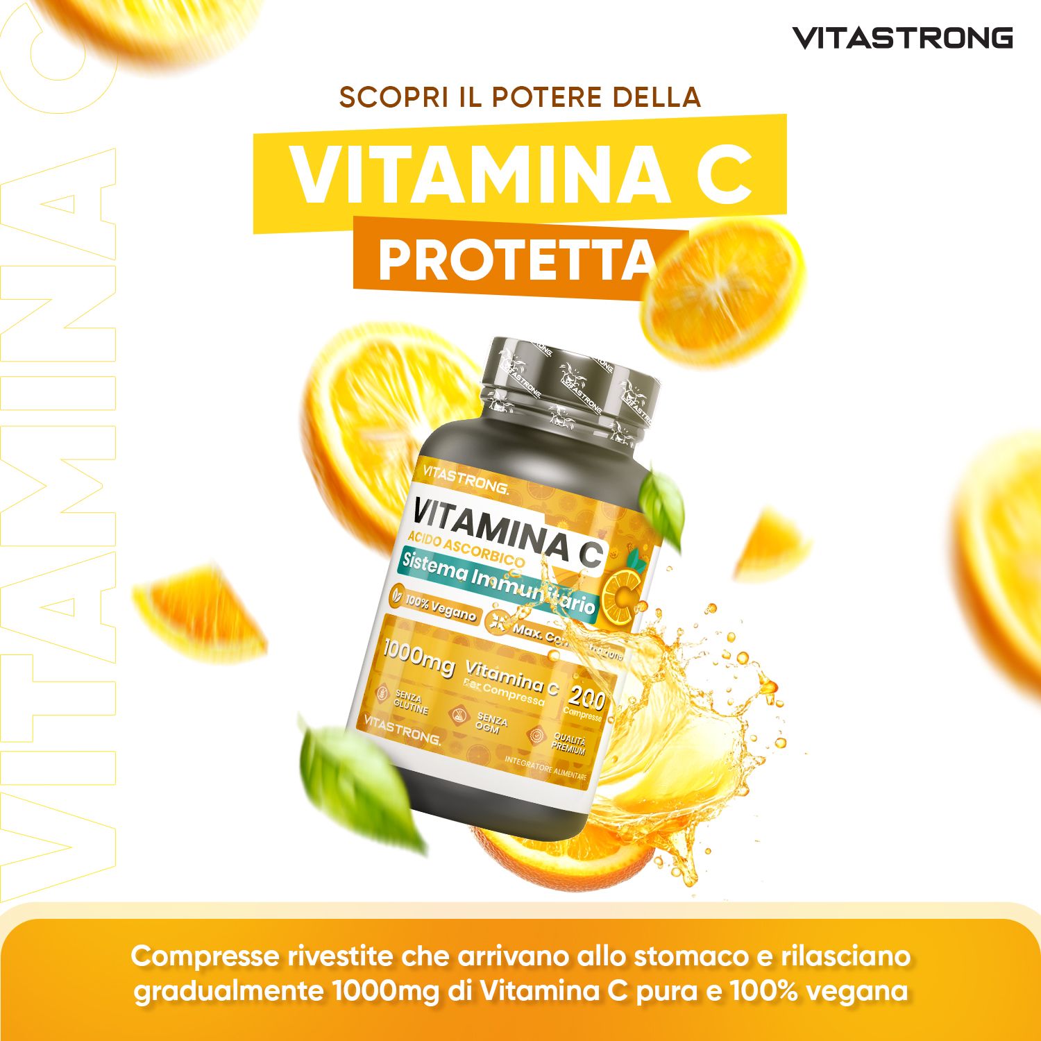 Vitastrong Vitamin C-Tabletten. Schwarze Dose mit gelbem Etikett. 200 Tabletten, 1000mg. Text: Immunsystem. Geschützt.
