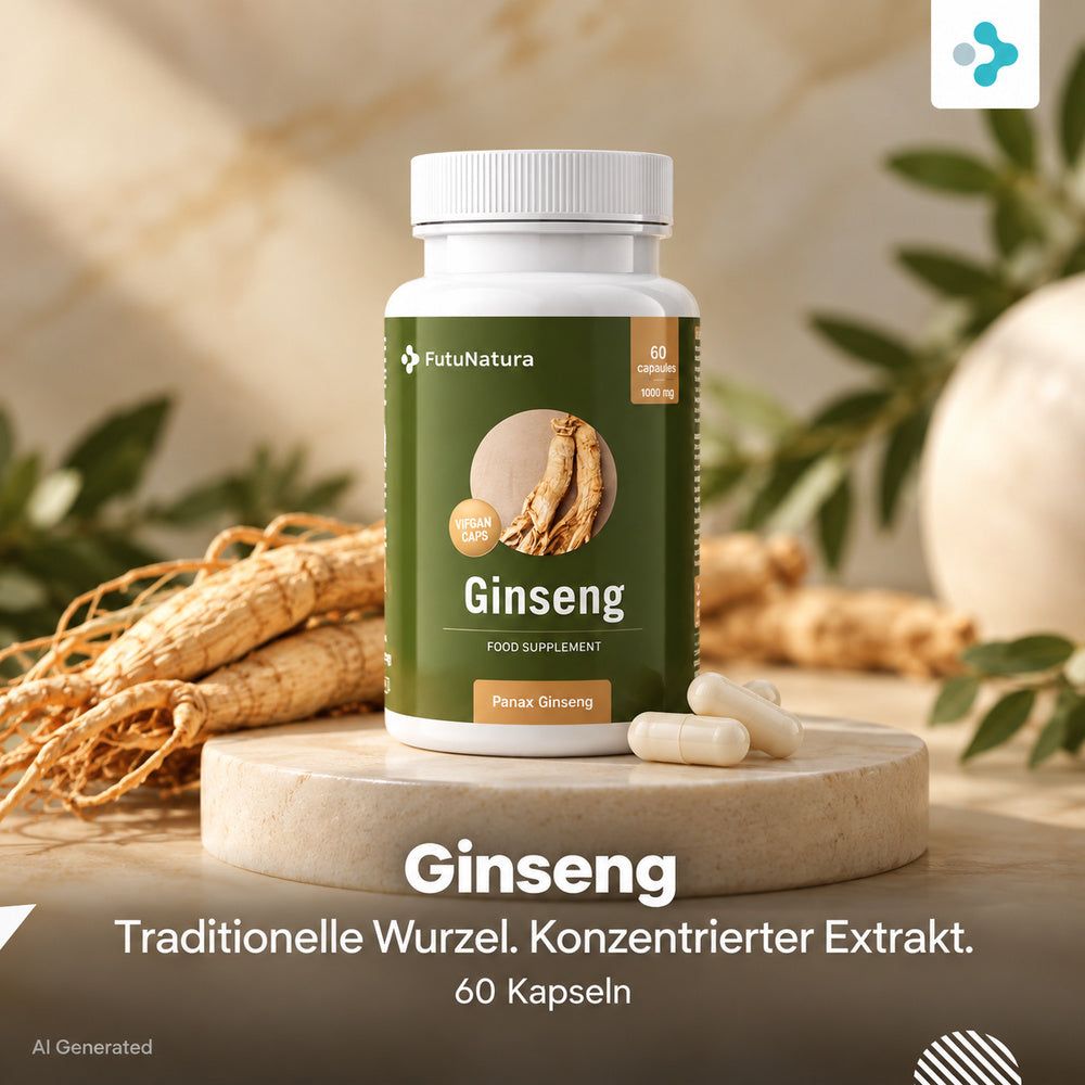 Flasche FutuNatura Ginseng Kapseln (60 Stk.) neben erschöpftem Mann.