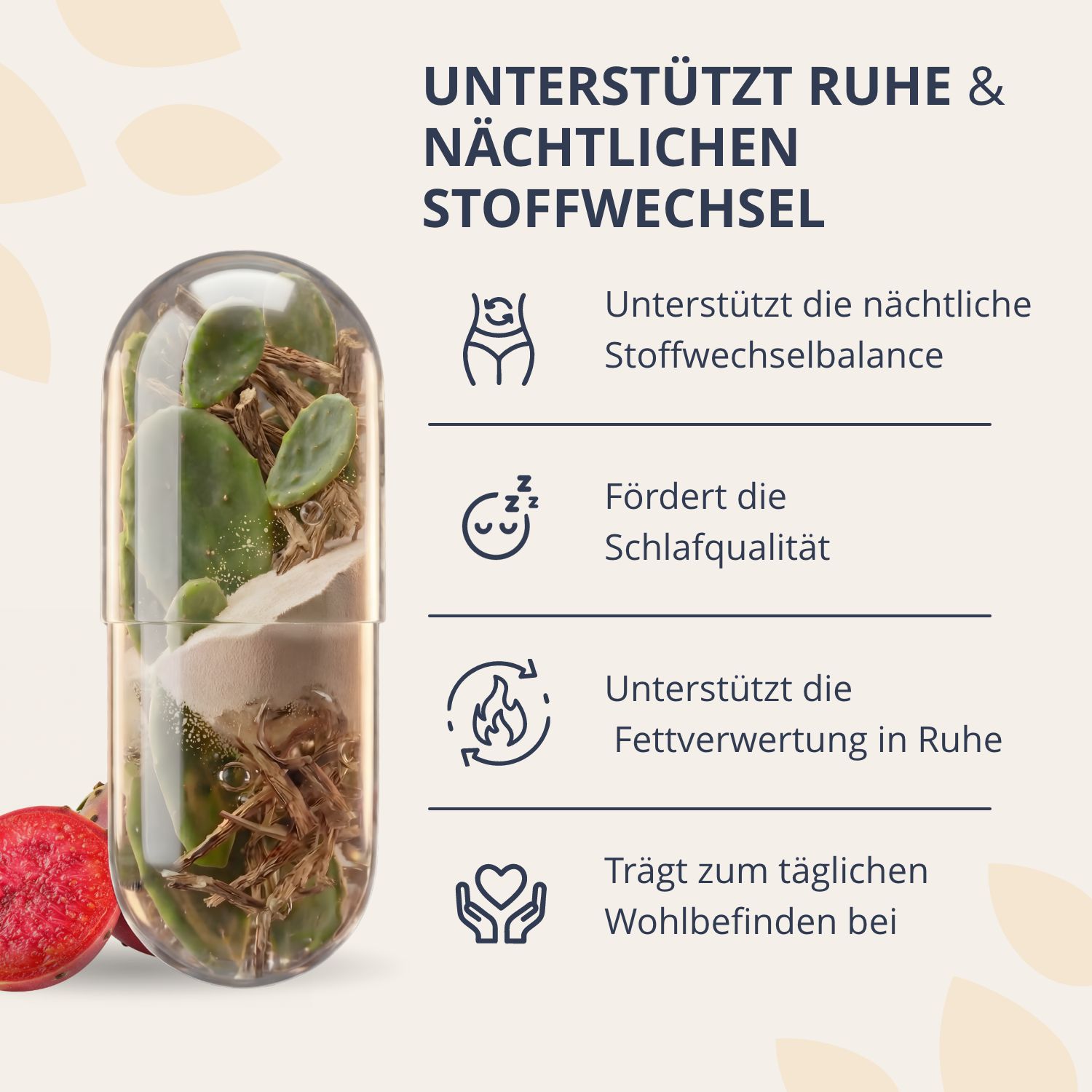 Vergrößerte Kapsel von Golden Tree Nighttime Burn, die pflanzliche Inhaltsstoffe zeigt.