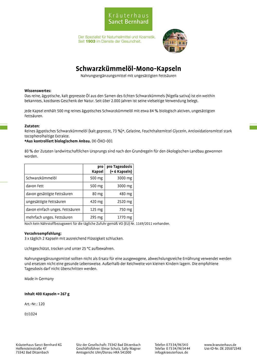 Produktinformationen zu Schwarzkümmelöl-Mono-Kapseln. Text in deutscher Sprache. Enthält Informationen zu Inhaltsstoffen und Dosierung.