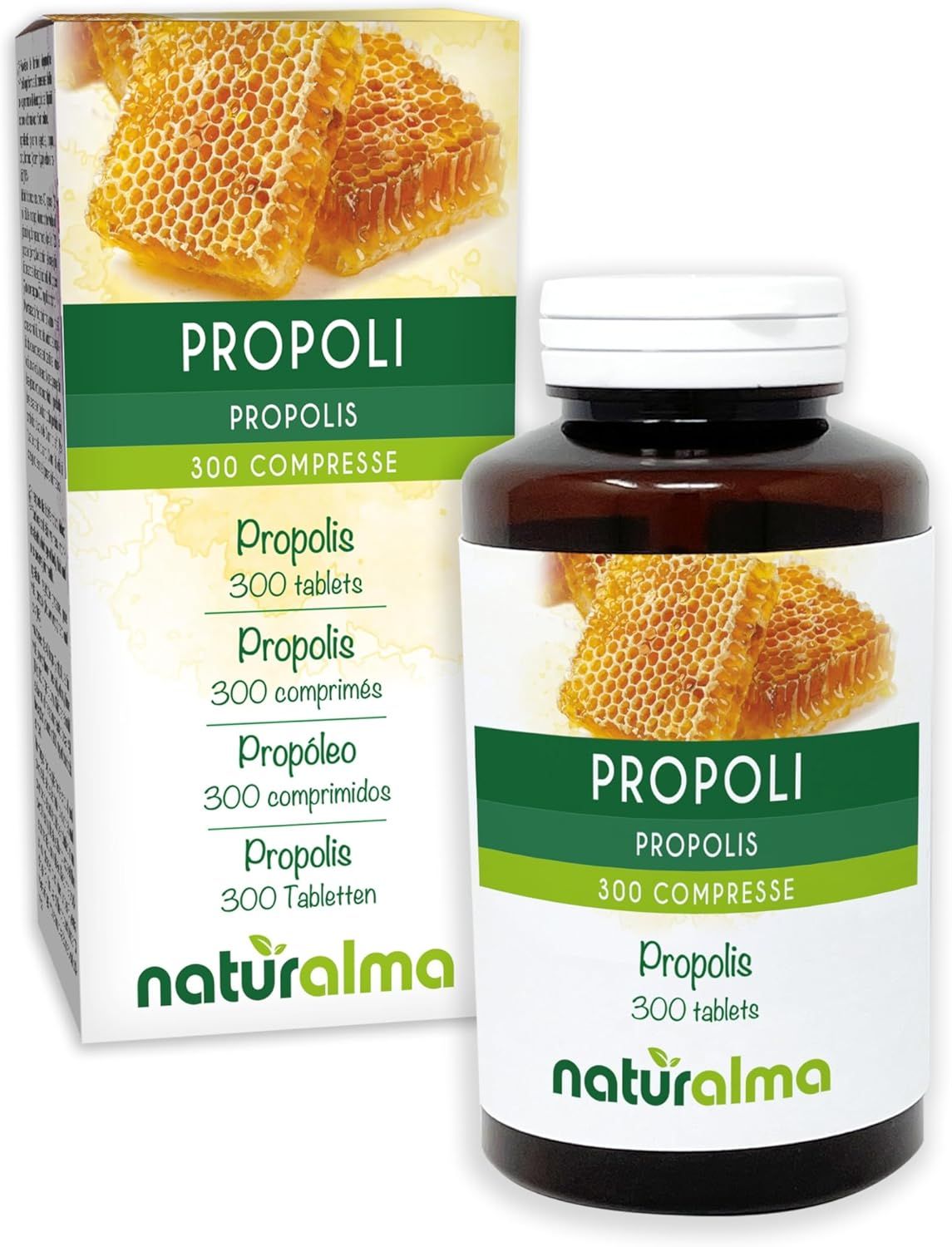 Eine braune Flasche und eine Schachtel mit Propolis Tabletten. Aufschrift: Propolis, 300 Tabletten. Naturalma-Logo.