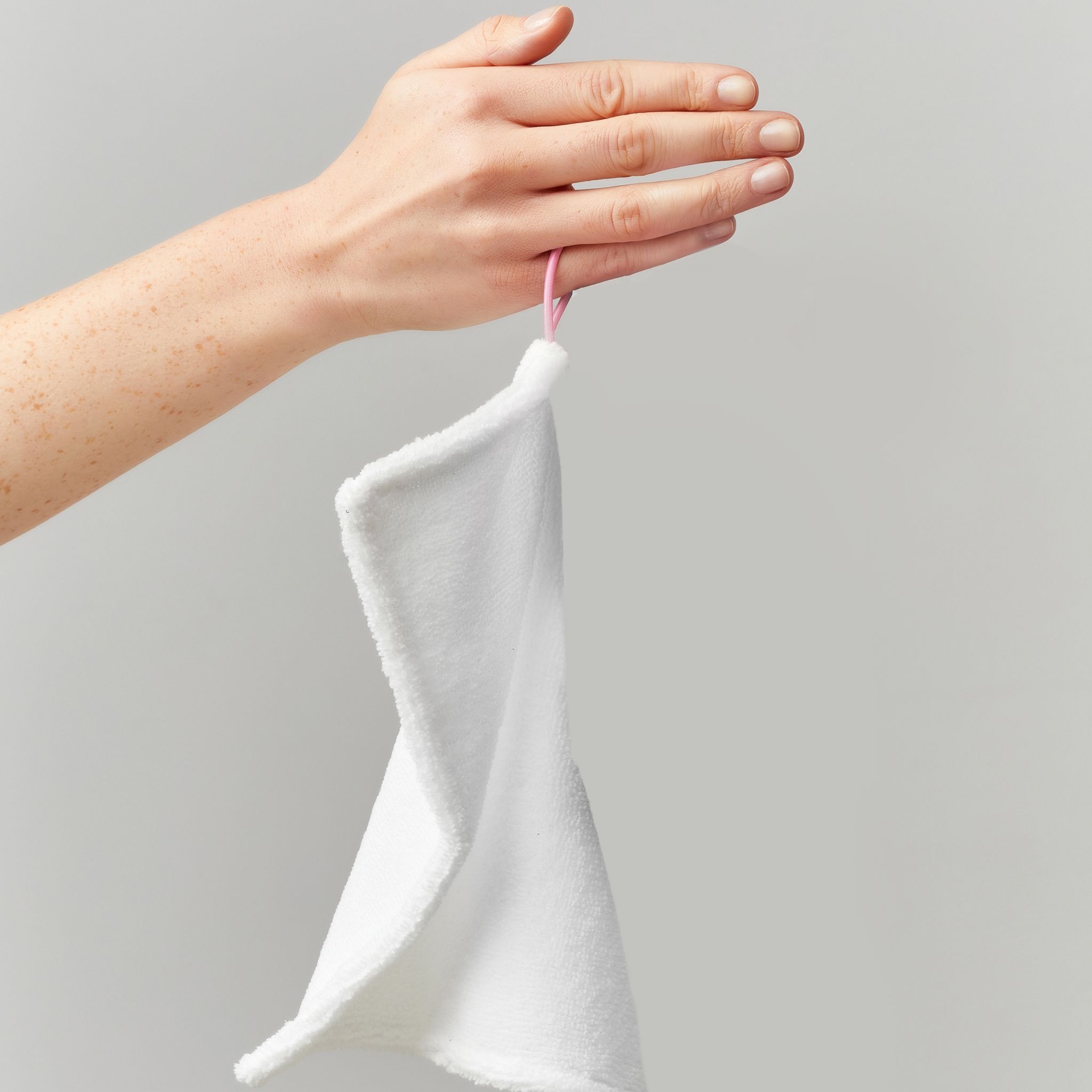 Hand hält ein weißes Mikrofasertuch mit rosa Schlaufe.