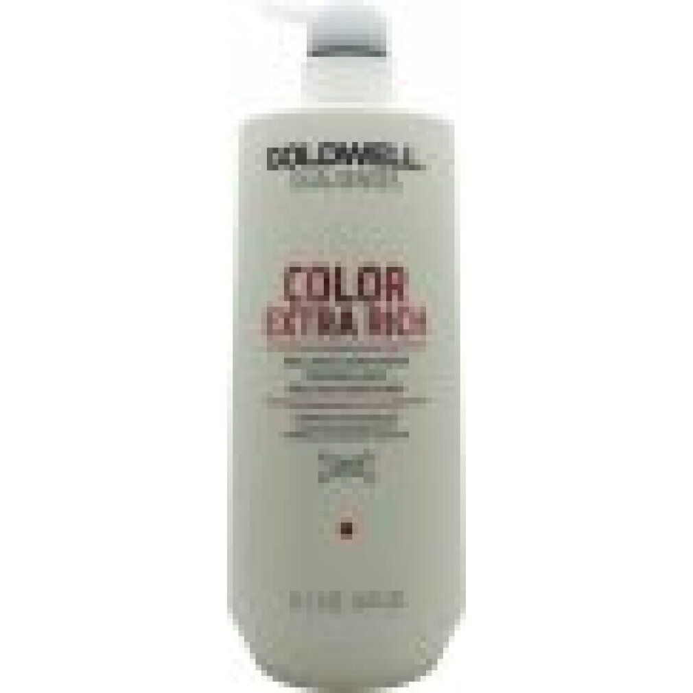 Weiße Flasche mit Pumpe. Goldwell Dual Senses Color Extra Rich Conditioner. Text in Rot und Schwarz. 1L.