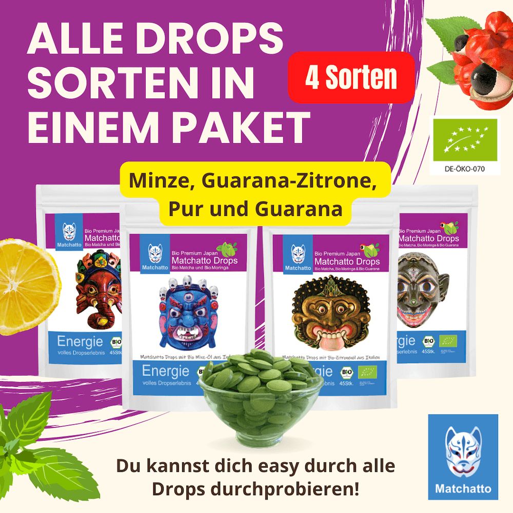 Produktverpackung mit vier Matcha-Presslinge-Sorten. Text: 'Alle Drops Sorten in einem Paket'. Bio-Siegel. Zitrone, Minze und Guarana.