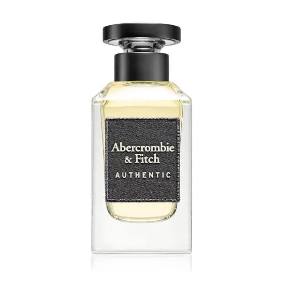 Glasflakon mit schwarzem Verschluss. Schwarzes Etikett mit "Abercrombie & Fitch AUTHENTIC".
