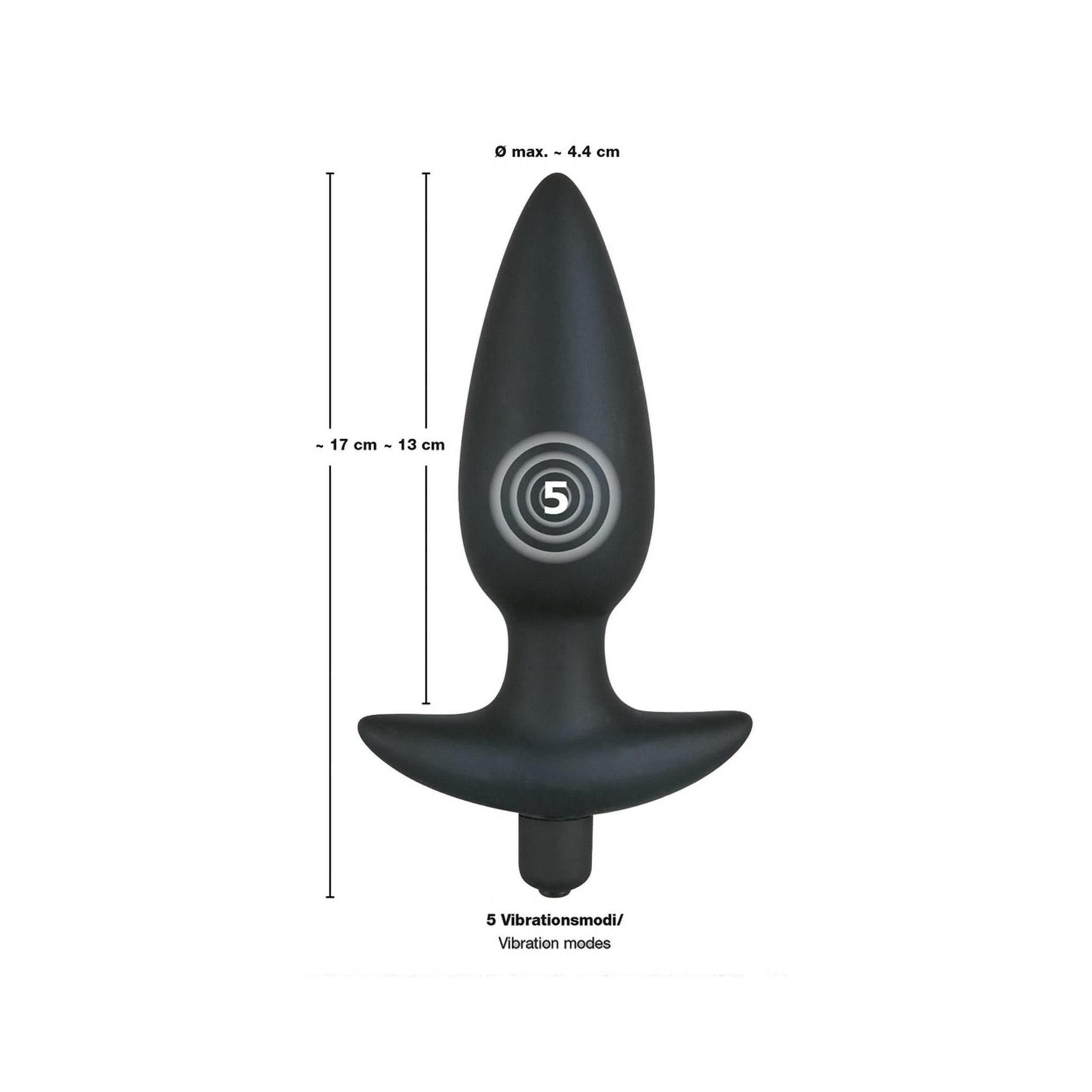 Schwarzer Analplug mit konischer Form, T-förmigem Griff und Basis. Mit Größenangaben und Vibrationsmodi.