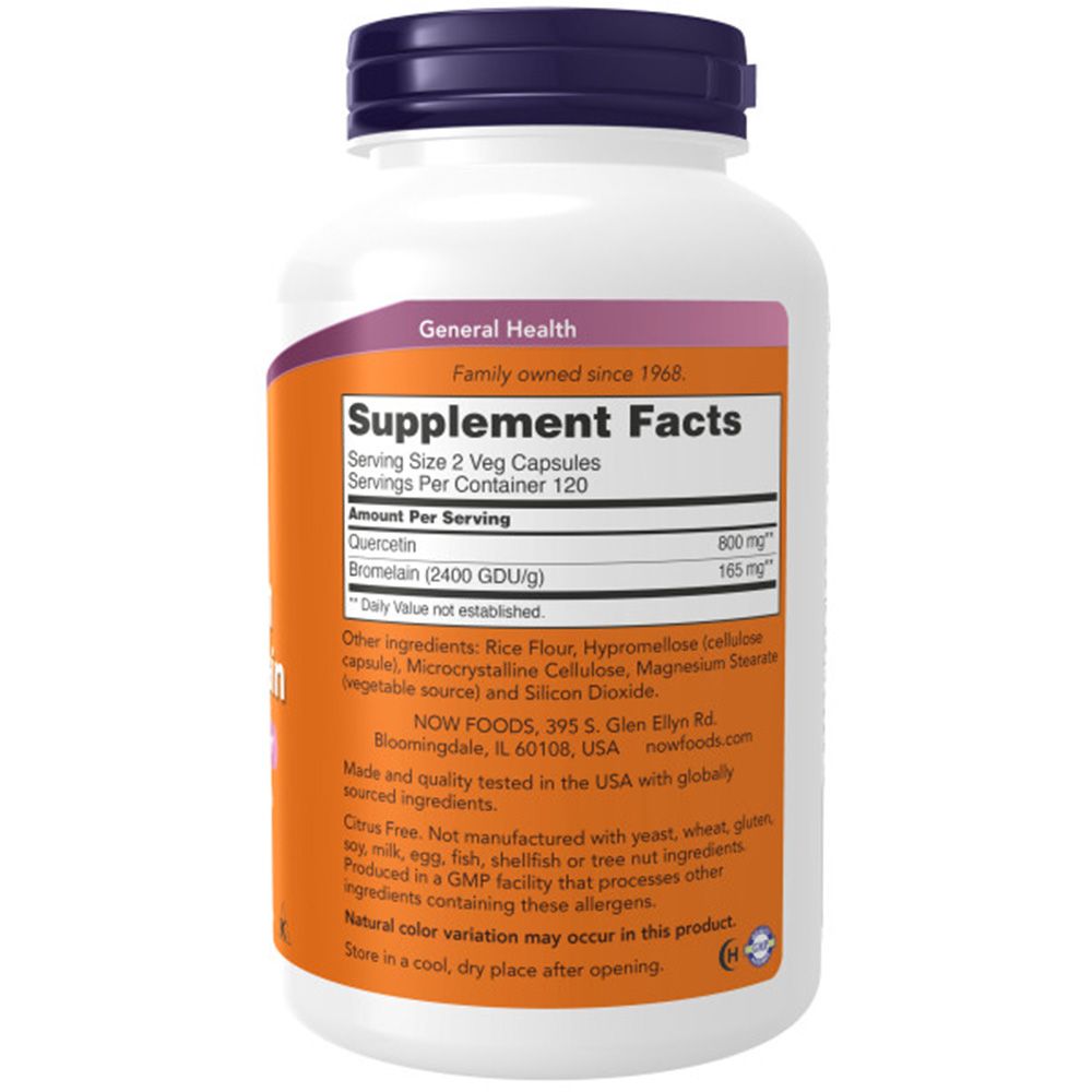 Rückseite der Flasche. Aufschrift: NOW FOODS, Nährwertangaben, Quercetin, Bromelain. Inhaltsstoffe. Hergestellt in den USA.