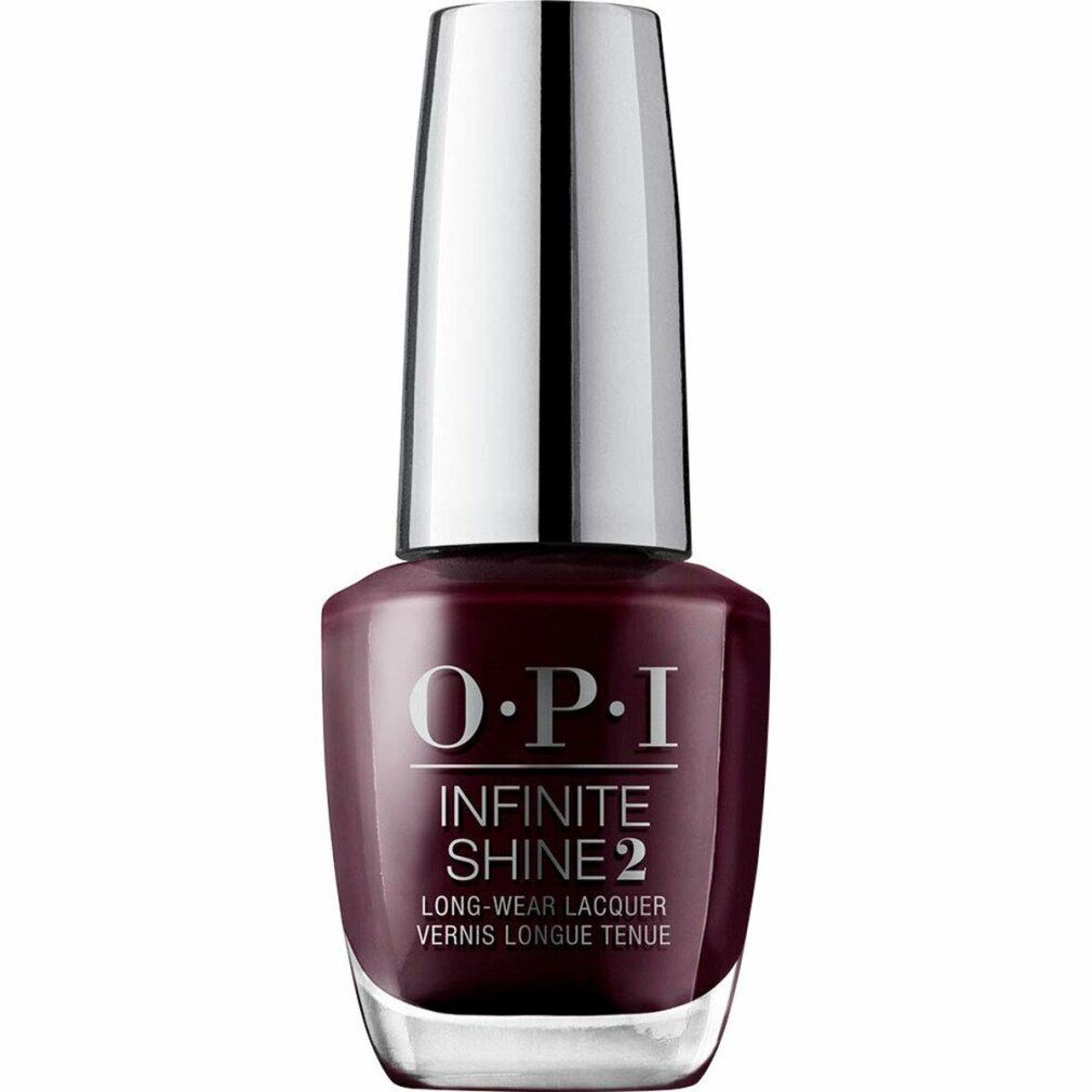 Nagellackflasche, dunkelrot. Silberner Deckel. OPI Infinite Shine 2 Schriftzug.