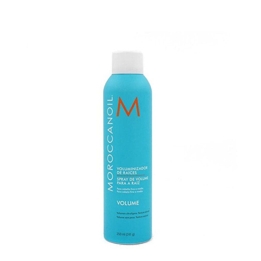 Türkisblaue Sprühflasche mit weißem Deckel. Aufschrift: Moroccanoil, Root Boost, Volume. Orangefarbenes Logo.