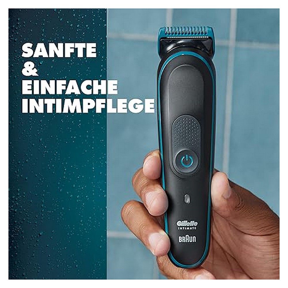 Hand hält Gillette Intimate Trimmer i5, Fokus auf sanfte und einfache Intimpflege.