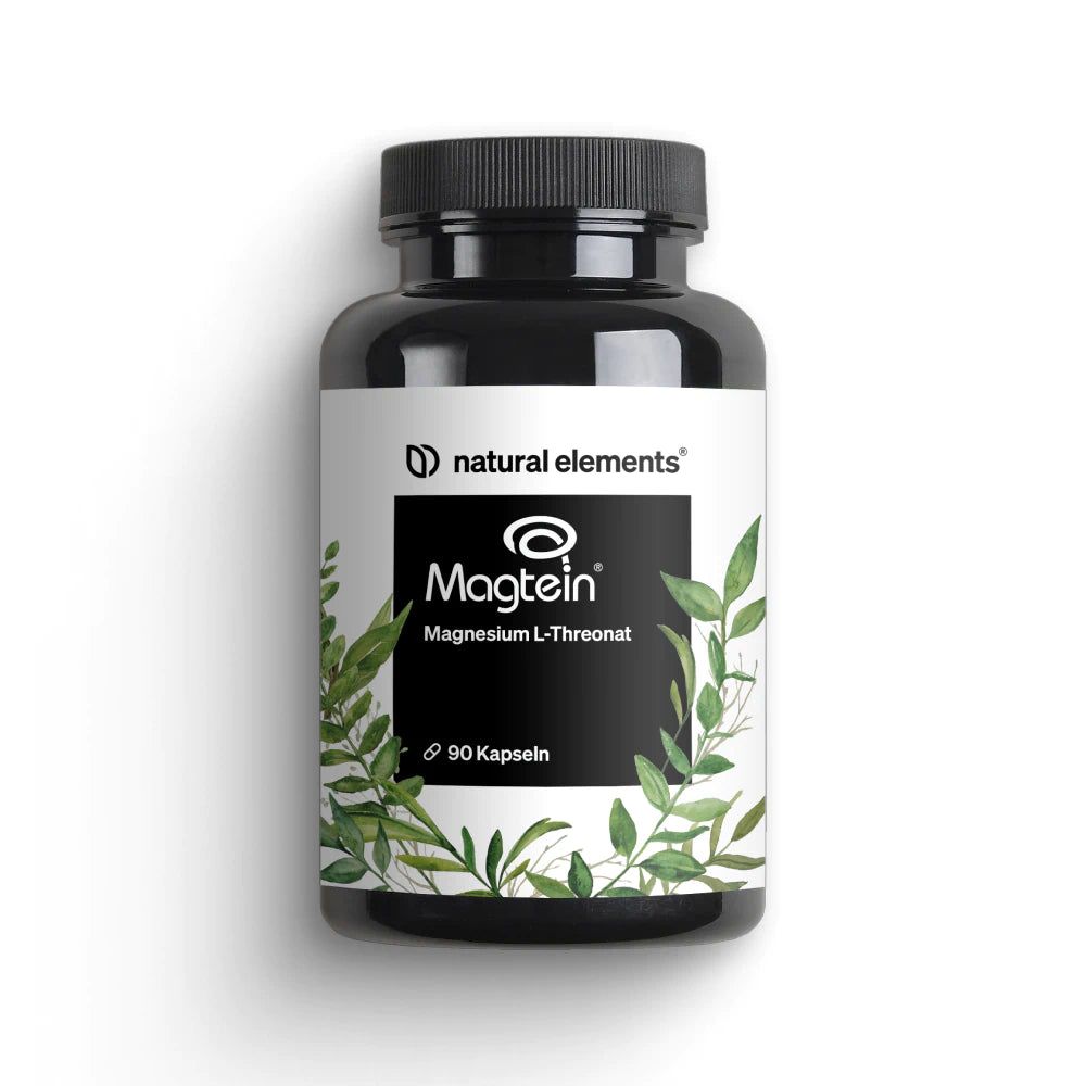 Schwarze Flasche mit Kapseln. Auf dem Etikett steht "Magtein Magnesium L-Threonat" und "90 Kapseln". Marke: natural elements.