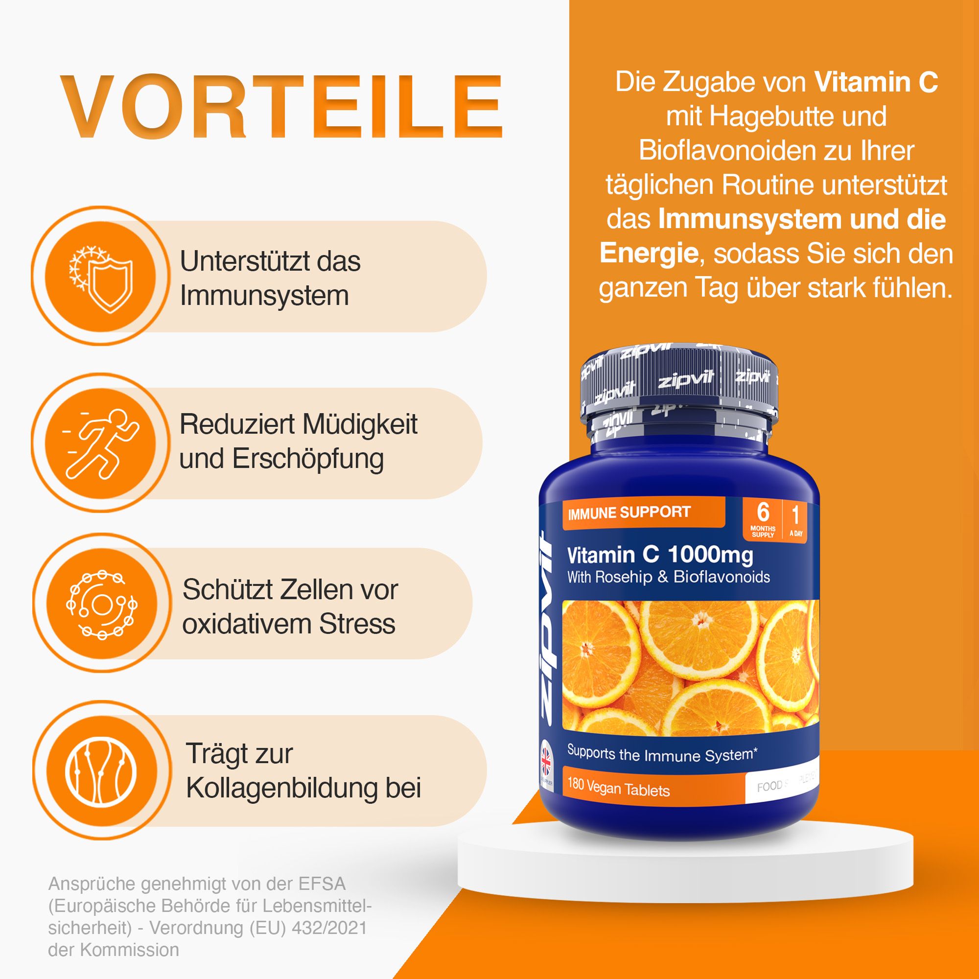 Blaue Flasche mit Zipvit Vitamin C 1000mg. Enthält 180 Tabletten. Aufschrift: Vitamin C mit Hagebutte & Bioflavonoiden. Vorteile: Immunsystem, Energie.
