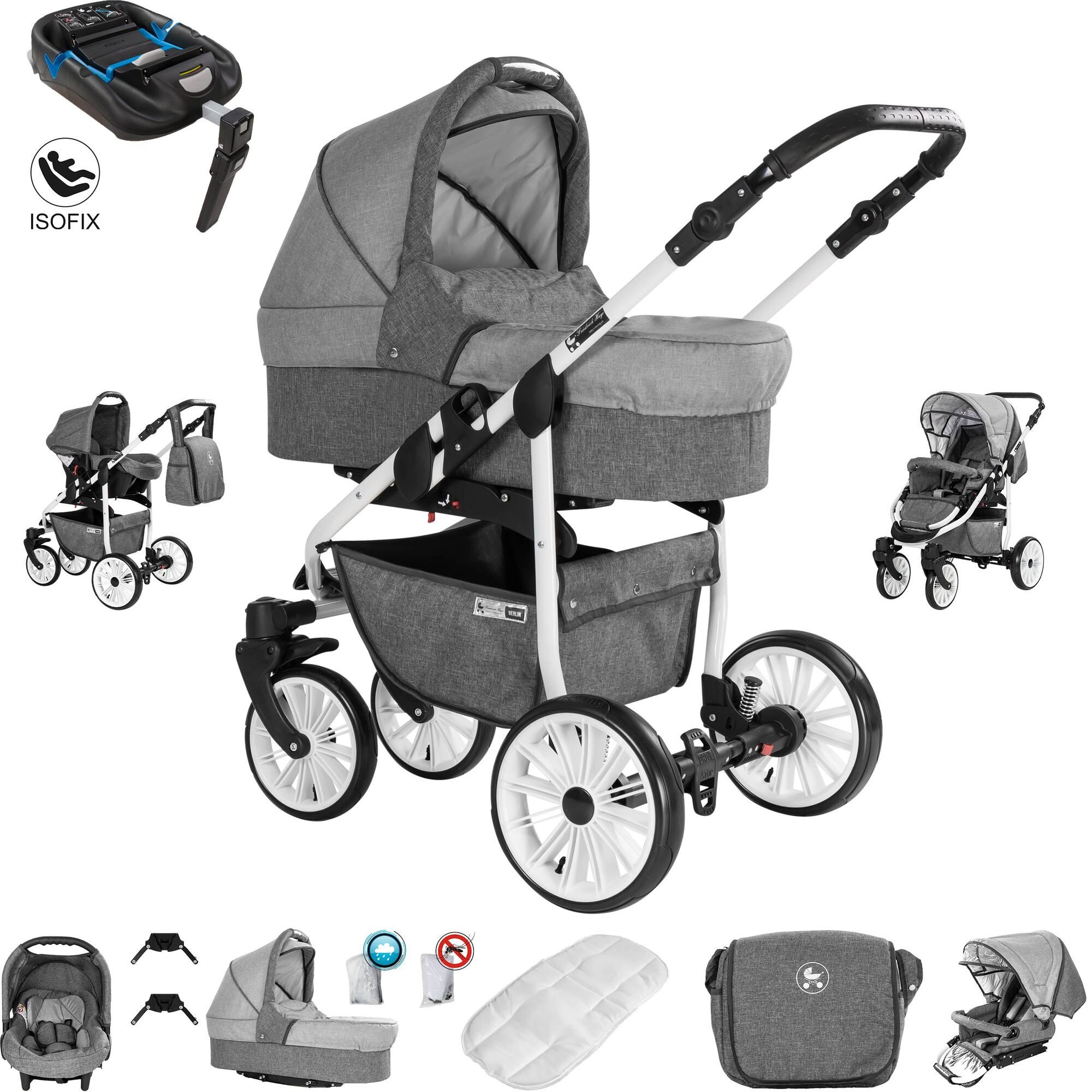 Friedrich Hugo Berlin 4 in 1 Kinderwagen & Isofix Luftreifen, Grey and Light Grey Day