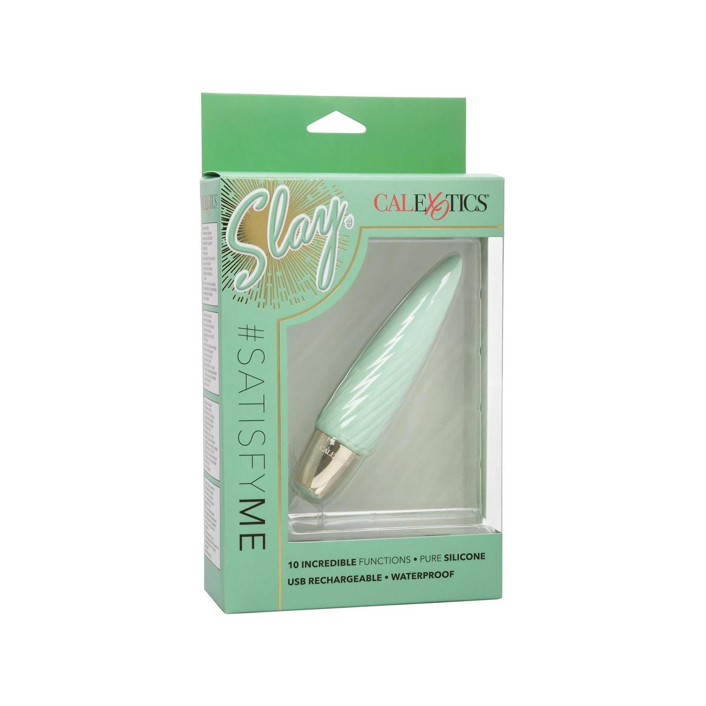 Minzfarbener Vibrator in Verpackung. Marke CalExotics. Text: Slay, #SATISFYME, 10 Funktionen, Pure Silicone, USB, wasserdicht.