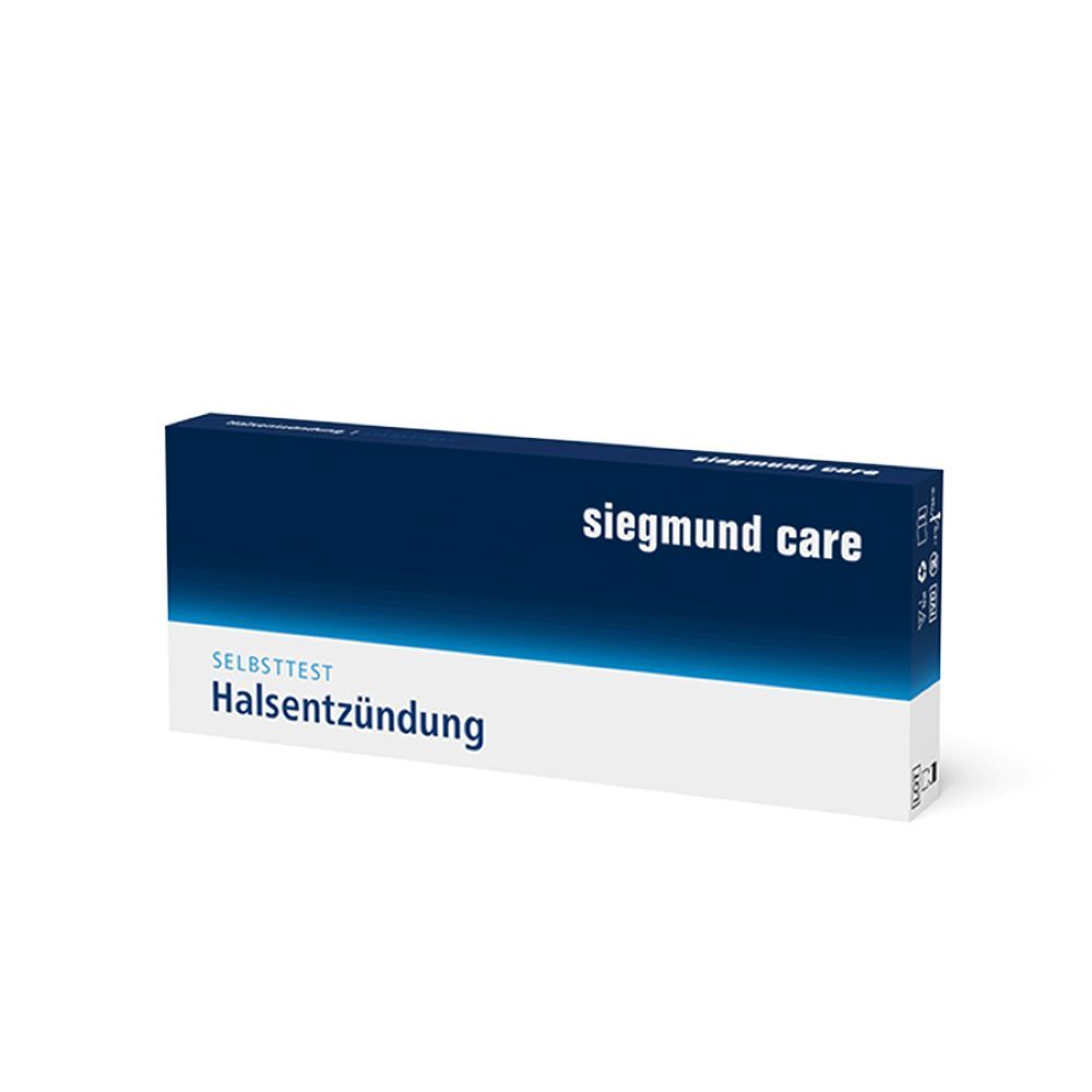 Kartonverpackung für einen Selbsttest auf Halsentzündung. Blau-weiße Farbgebung mit Produktname und Markennamen Siegmund Care.