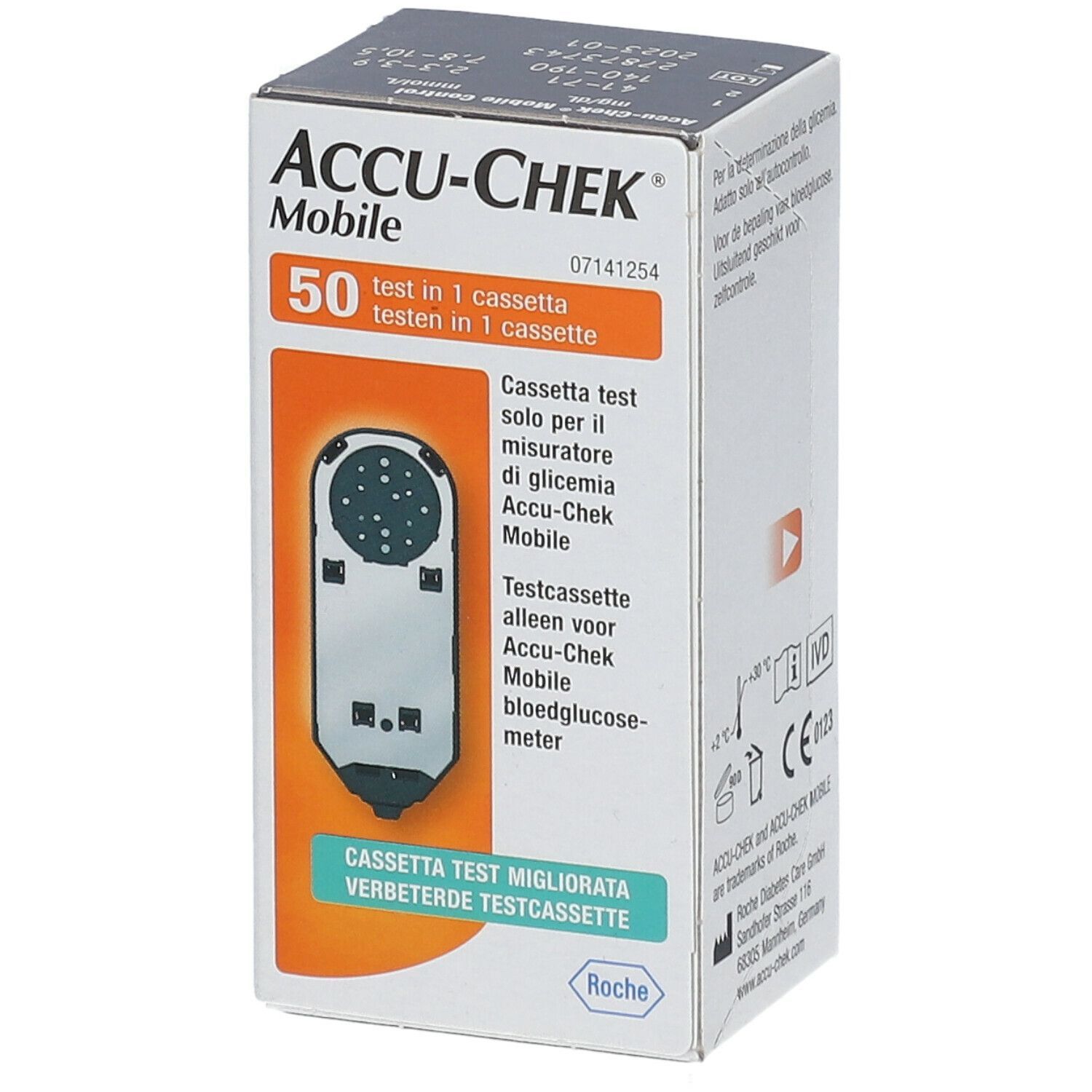 ACCU-CHEK Mobile Testkassetten-Verpackung. Enthält 50 Tests. Produktname und Logo deutlich sichtbar. Orangefarbener Streifen mit Produktinformationen.