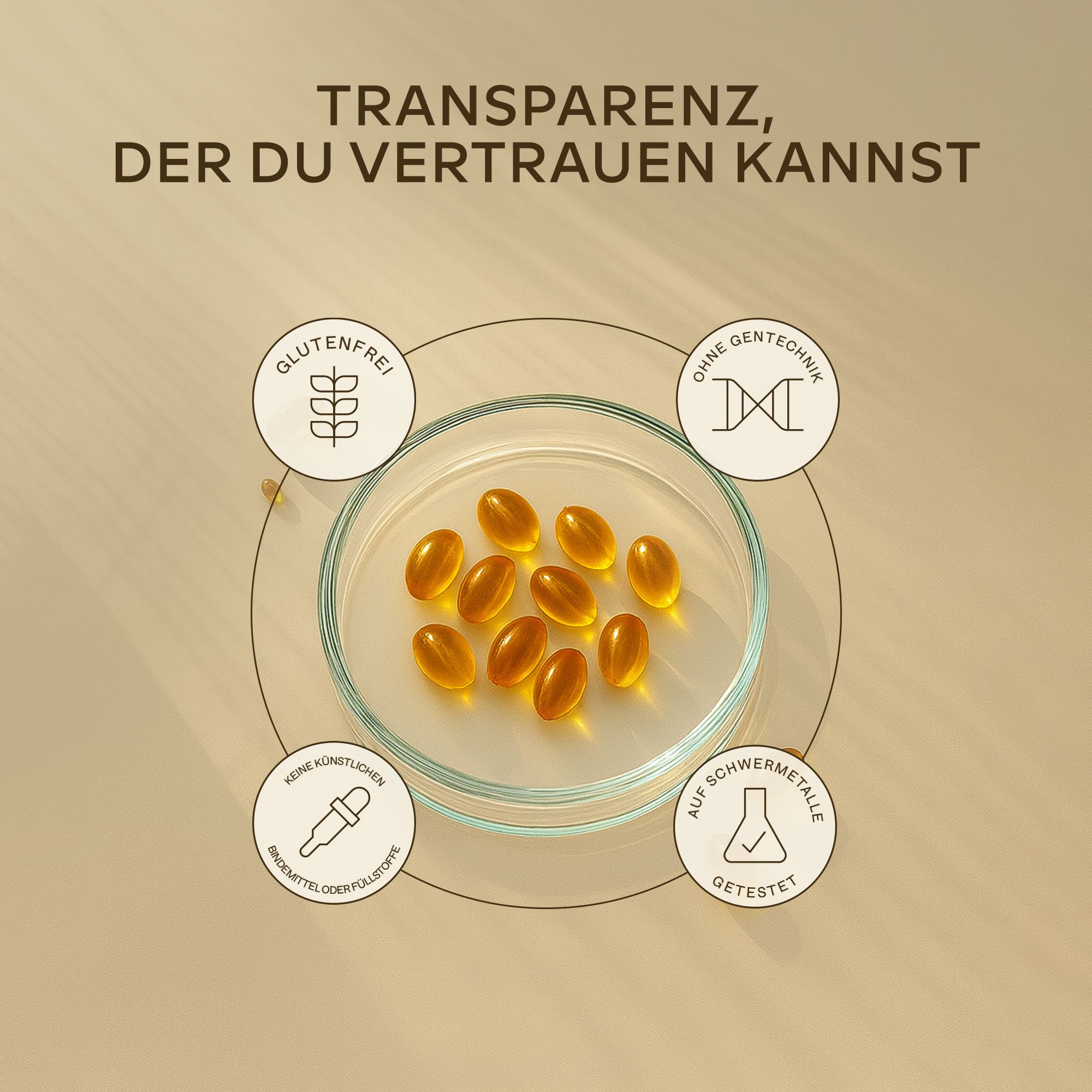 Kapseln in einer Petrischale. Symbole: glutenfrei, ohne Gentechnik, keine künstlichen Zusätze, getestet.