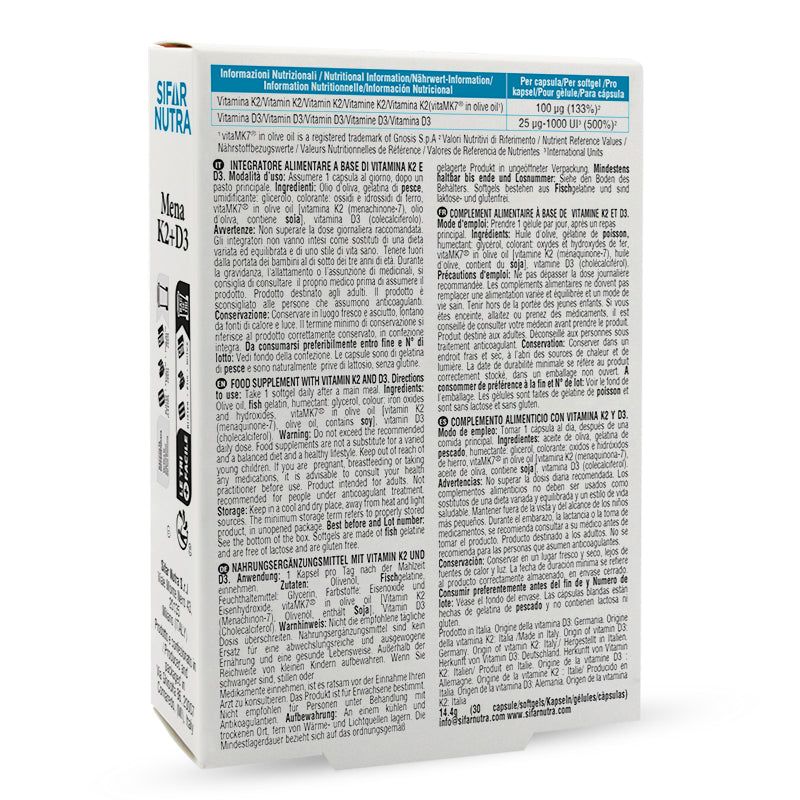 Rückseite der Verpackung von Sifar Nutra Mena K2+D3. Enthält Informationen und Inhaltsstoffe.