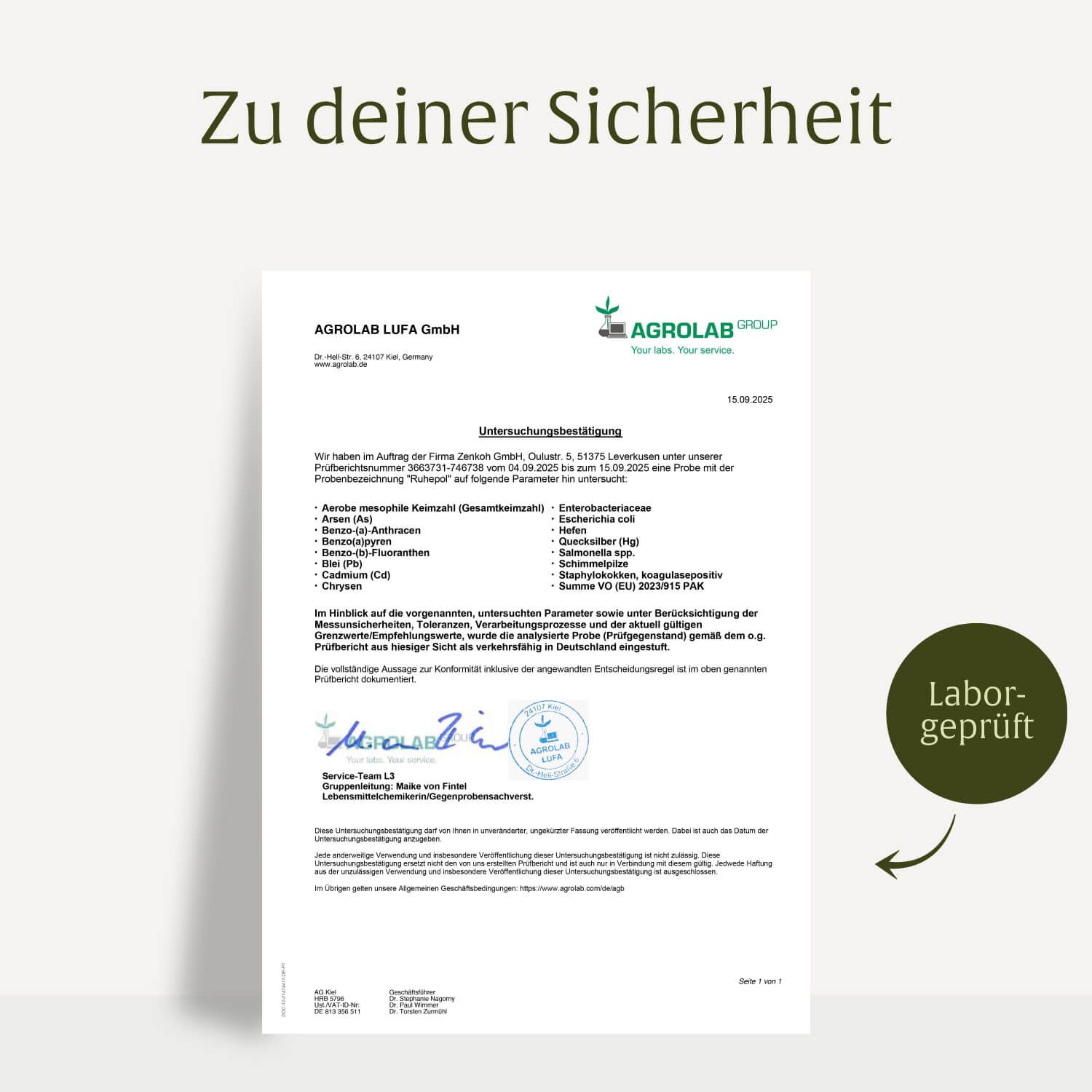 Labor-geprüftes Zertifikat für NATURTREU Ruhe Pol.