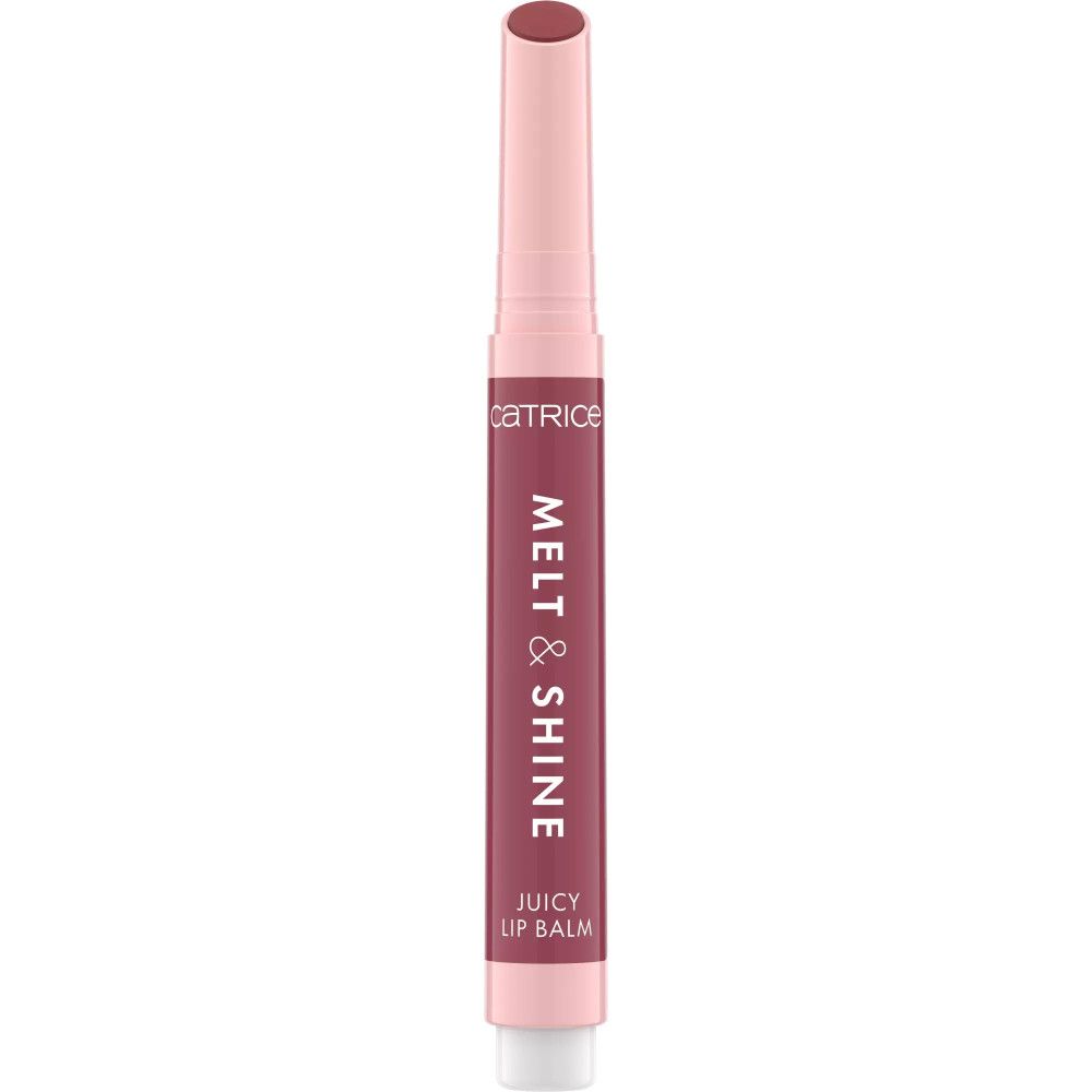 Lippenbalsam in Stiftform. Rosa Körper mit Schriftzug "MELT & SHINE" und "JUICY LIP BALM".
