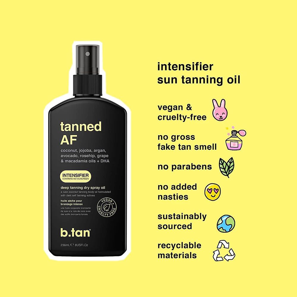Schwarze Sprühflasche mit Aufschrift 'tanned AF' und 'b.tan'. Enthält Kokosnuss, Jojoba, Argan, Avocado, Hagebutte, Traube & Macadamia-Öle + DHA. Vegan.