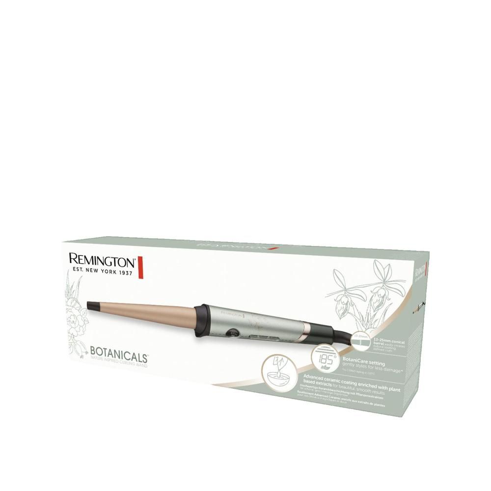 Lockenstab in Verpackung. Remington Botanicals, metallic grün. Aufdrucke: Botanicals, 185°C, Advanced Ceramic Coating.