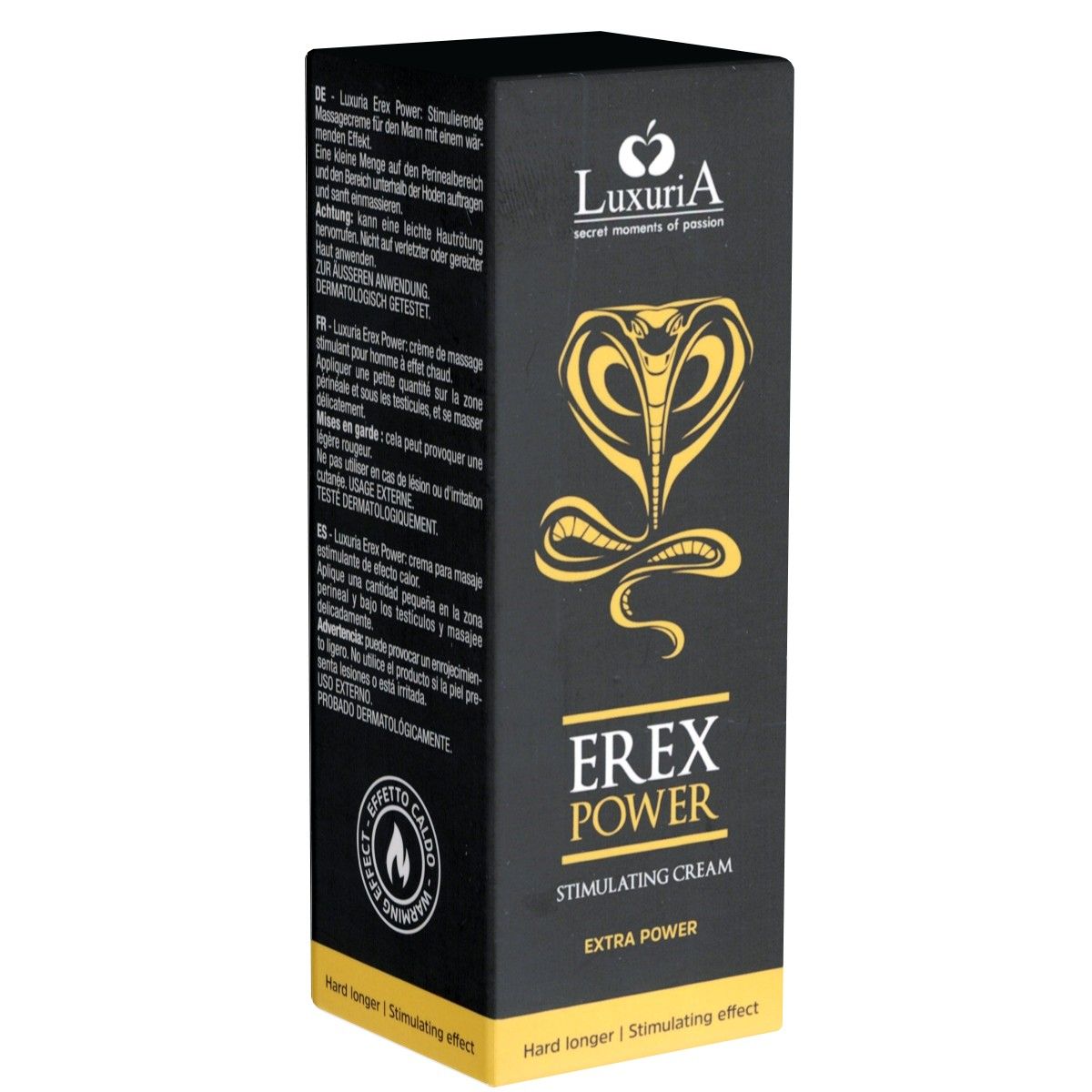 Schwarze Verpackung mit Produktnamen Erex Power. Logo: goldene Kobra. Text: Stimulierende Creme, Extra Power.