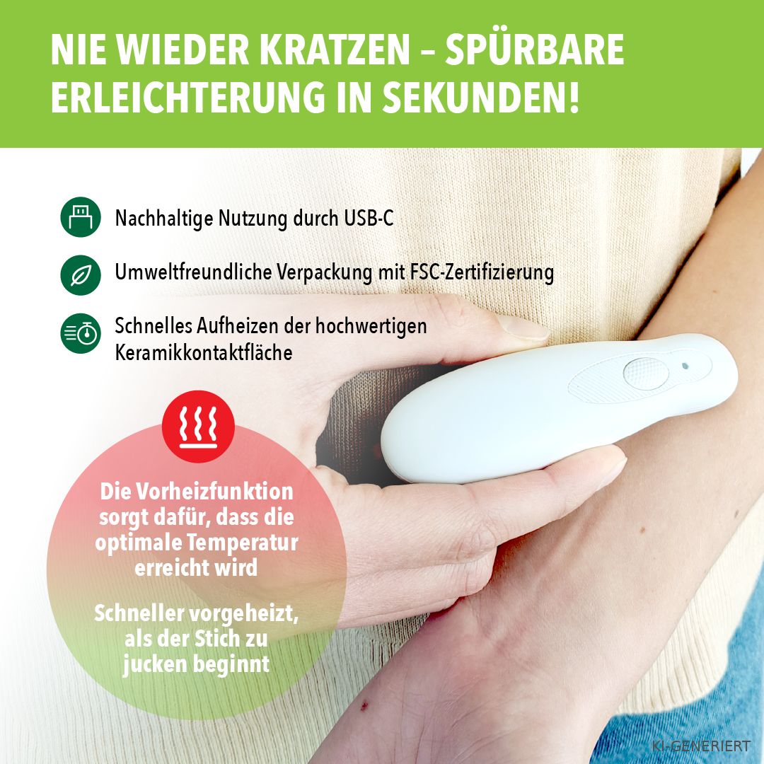 Weiße Insektenstichheiler mit Keramikkontaktfläche, USB-C Ladefunktion.