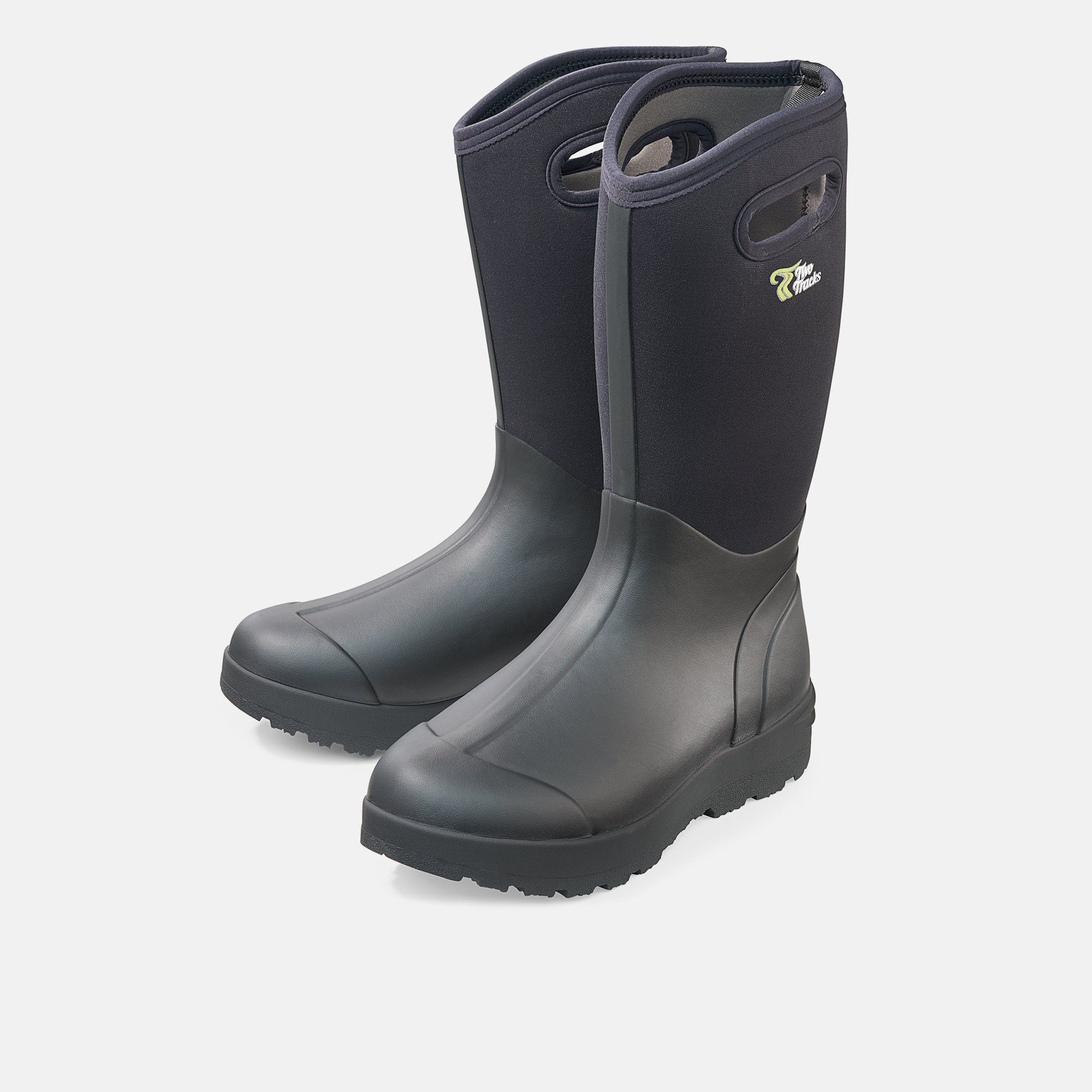 Schwarze Stiefel, breite Passform. Gummi- und Neoprenmaterial. Griffe oben. Logo auf der Seite.