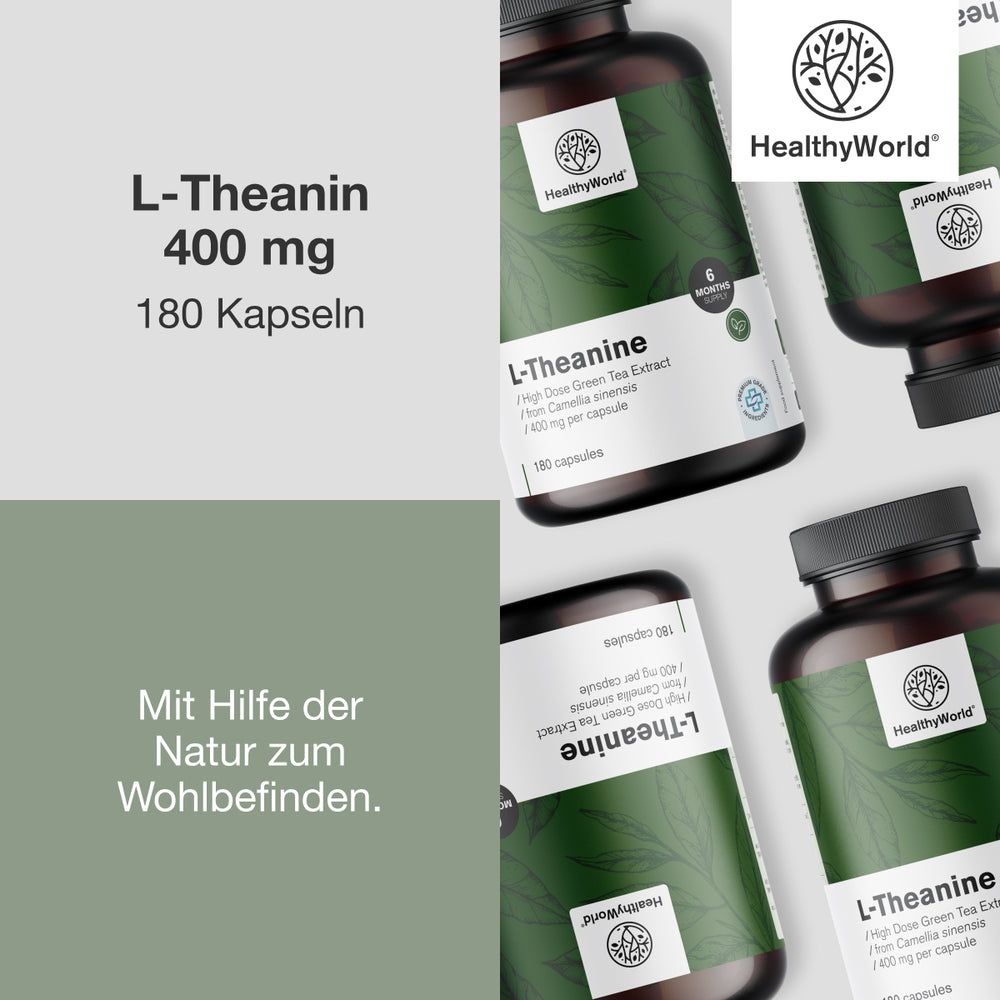 Mehrere Flaschen L-Theanin. Aufschrift: HealthyWorld, L-Theanin, 400 mg, 180 Kapseln. Text: Mit Hilfe der Natur zum Wohlbefinden.