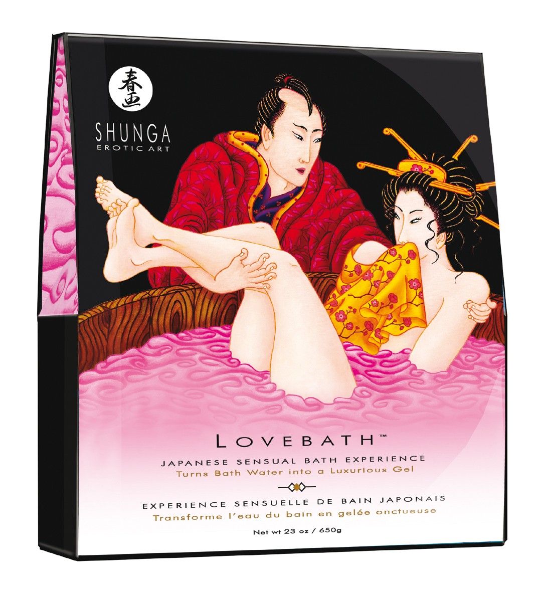 Verpackung mit Illustration eines Paares in einer Badewanne. Text: SHUNGA EROTIC ART, LOVEBATH, japanisches Badeerlebnis. Netto 23 oz / 650g.
