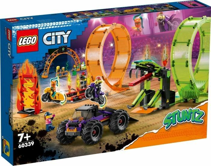 LEGO City Stuntz Arena, set 60339. La confezione mostra un'arena di acrobazie con moto, un monster truck e vari ostacoli come un anello di fuoco e una rampa. Il set è adatto a bambini dai 7 anni in su.