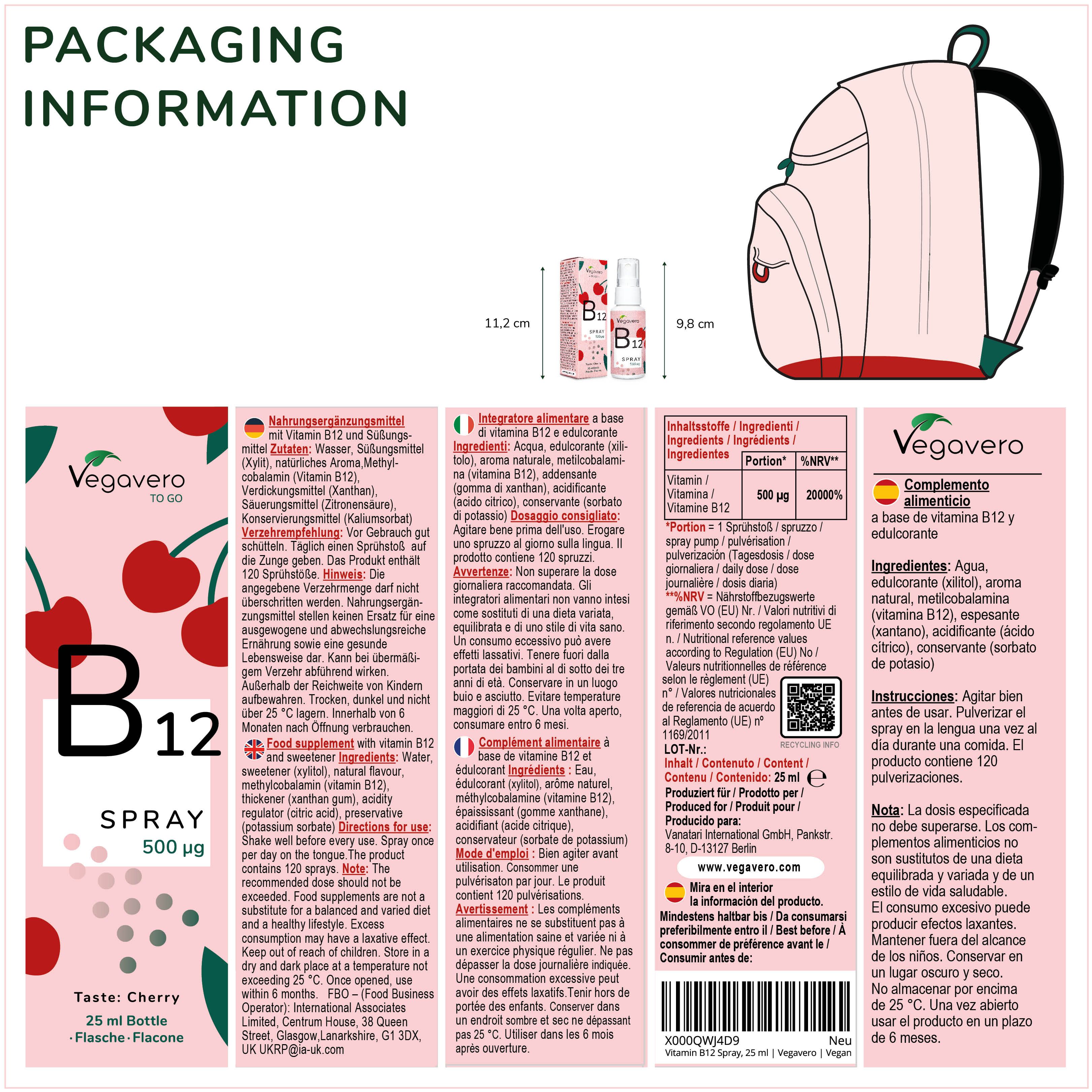 Verpackungsinformationen mit Produktabbildung und Inhaltsangaben in verschiedenen Sprachen. Maße: 11,2 x 9,8 cm. Produkt: B12 Spray.