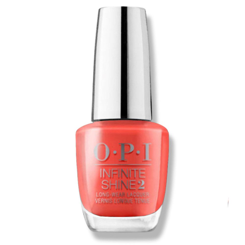 Nagellackflasche mit silbernem Deckel. OPI Infinite Shine 2, korallenfarbener Lack.
