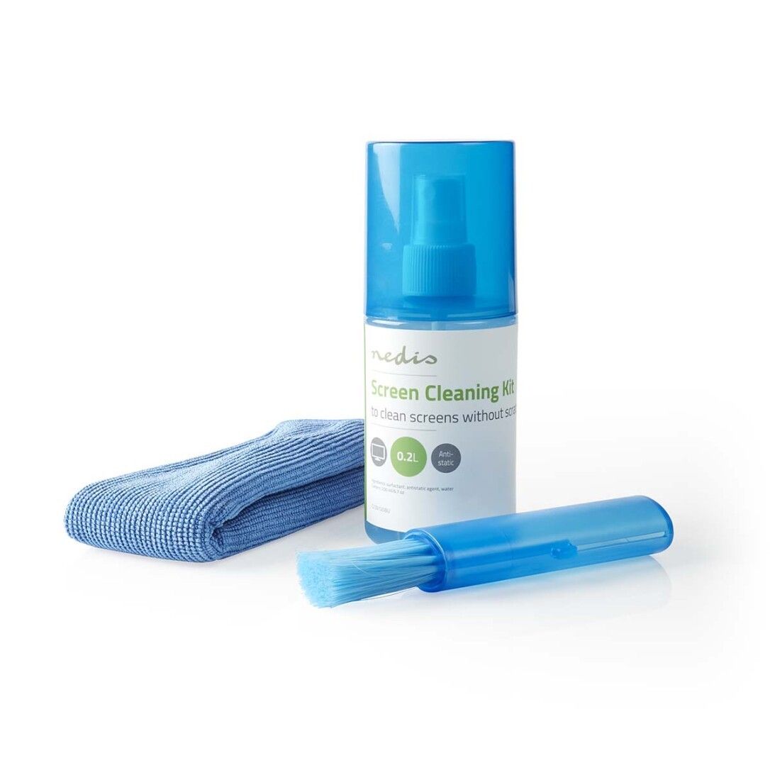 Bildschirmreiniger-Kit mit Sprühflasche, Mikrofasertuch und Bürste. Blaue Sprühflasche, blaues Tuch und blaue Bürste.
