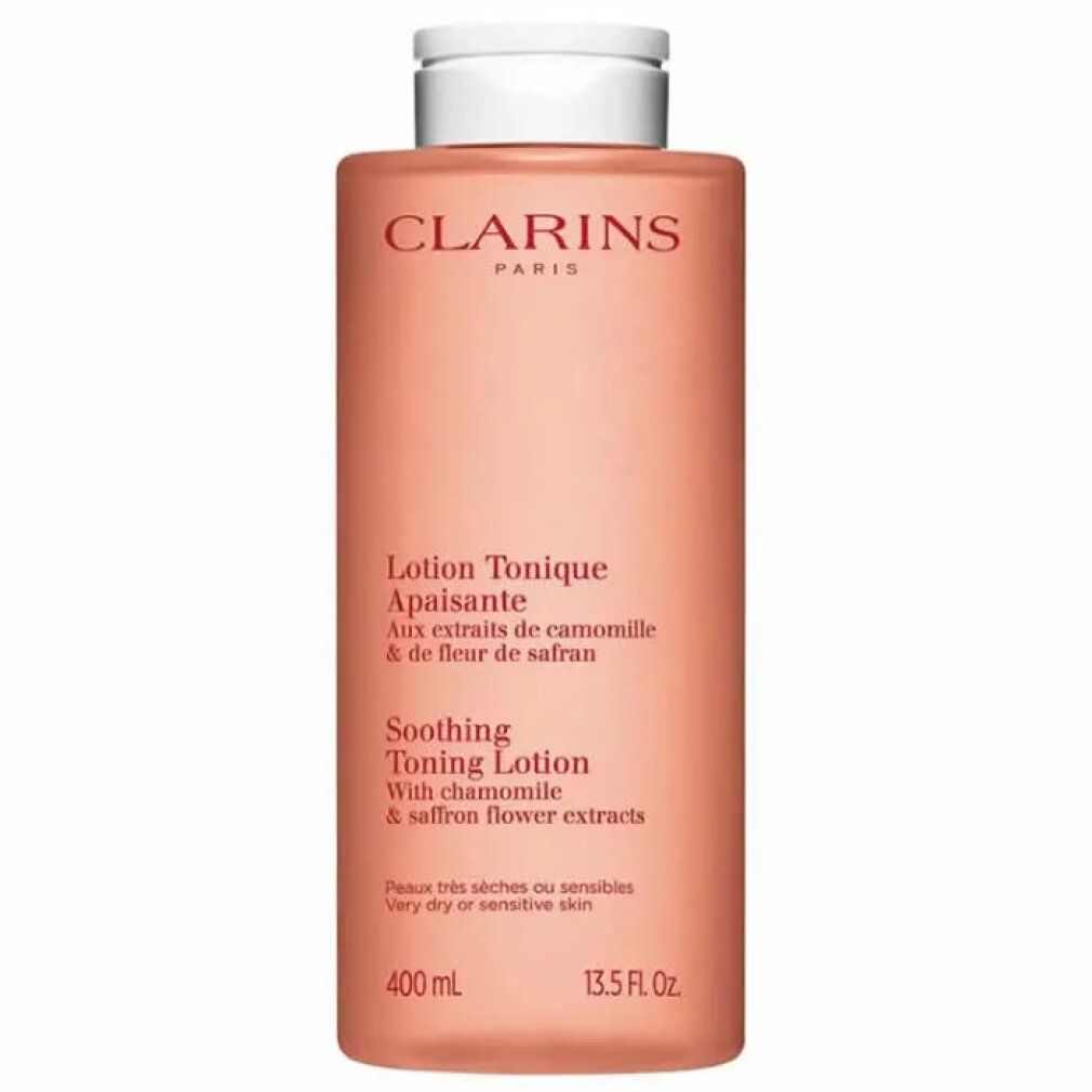 Rosa Flasche mit weißem Deckel. Aufschrift: CLARINS PARIS. Text: Lotion Tonique Apaisante. Mit Kamille & Safranblütenextrakten. 400 ml.