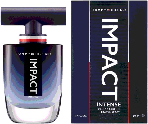 Tommy Hilfiger Impact Intense Flakon und Verpackung. Flakon mit blauem Farbverlauf. Verpackung mit Aufschrift IMPACT.