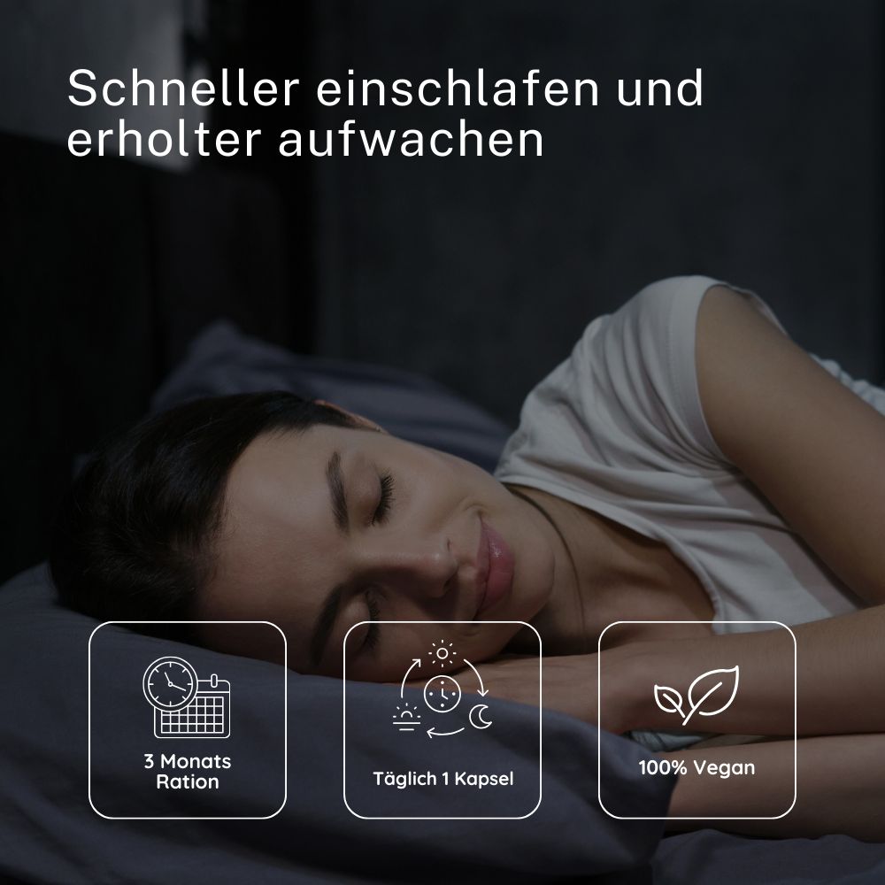 Frau schläft auf Kissen. Text: Schneller einschlafen und erholter aufwachen. Icons: 3-Monats-Ration, täglich 1 Kapsel, 100% vegan.