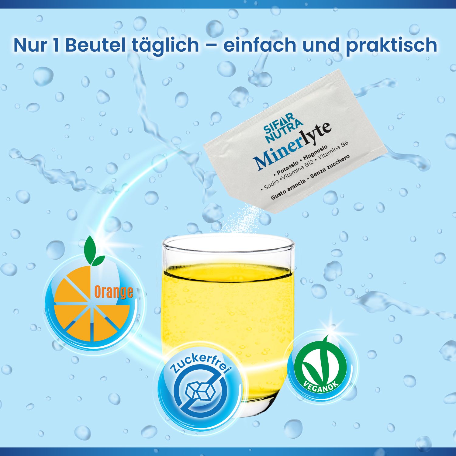 Sachet Sifar Nutra Minerlyte wird in ein Glas mit gelbem Pulver gegeben.