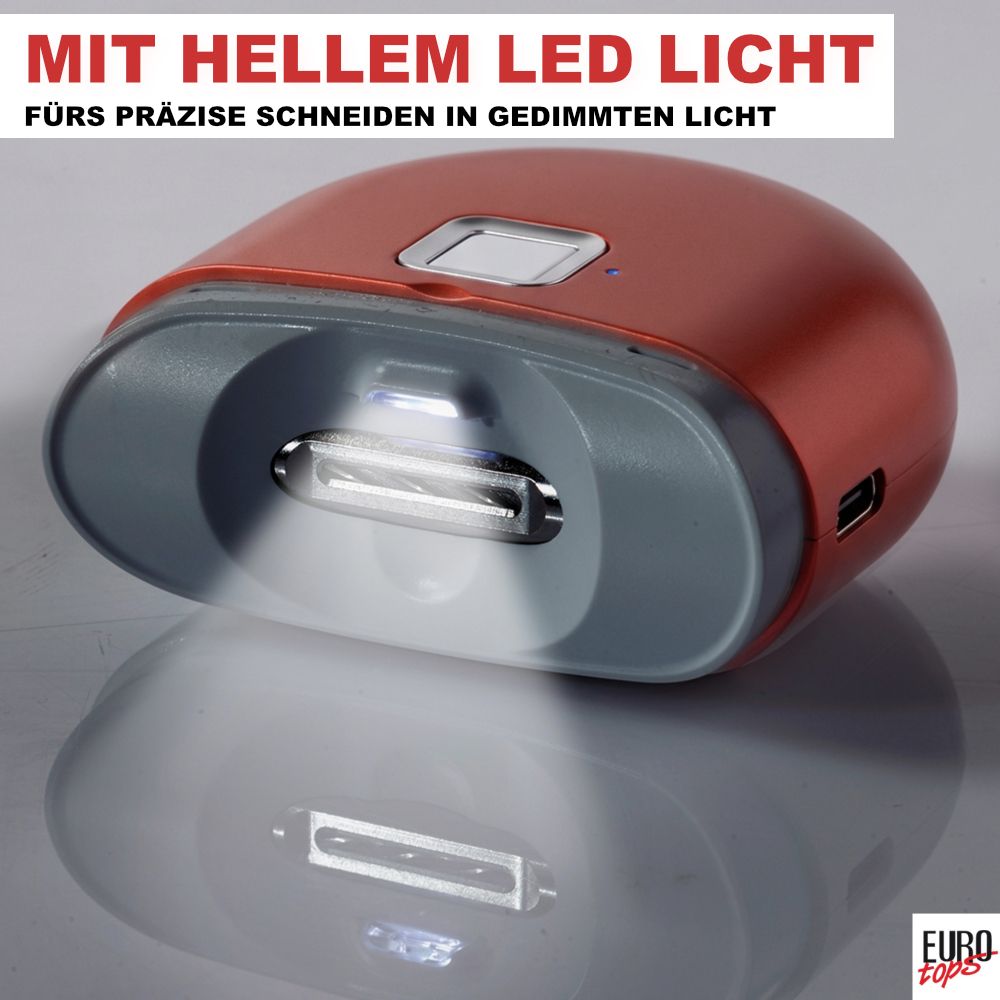 Roter elektrischer Nagelschneider mit beleuchtetem Schneidebereich dank LED-Licht.