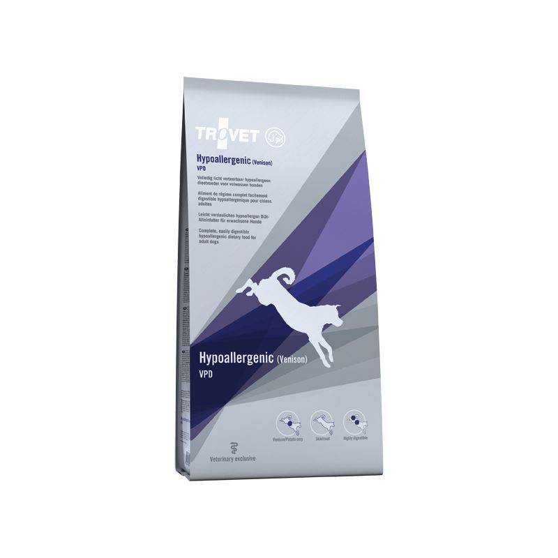 Trovet Hypoallergenic (Hirsch-Kartoffel) Hund / VPD getreidefrei. Beutel mit Produktabbildung und Text. Logo und Produktbezeichnung.