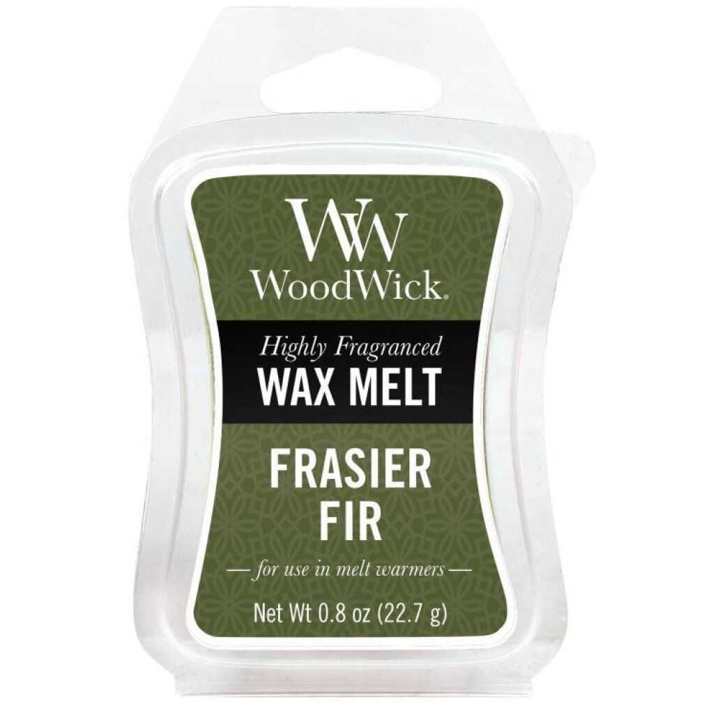 Wachsmelt "Frasier Fir" von WoodWick. Grün-weiß Verpackung. Text: "Highly Fragranced WAX MELT". Netto 0.8 oz (22.7 g).