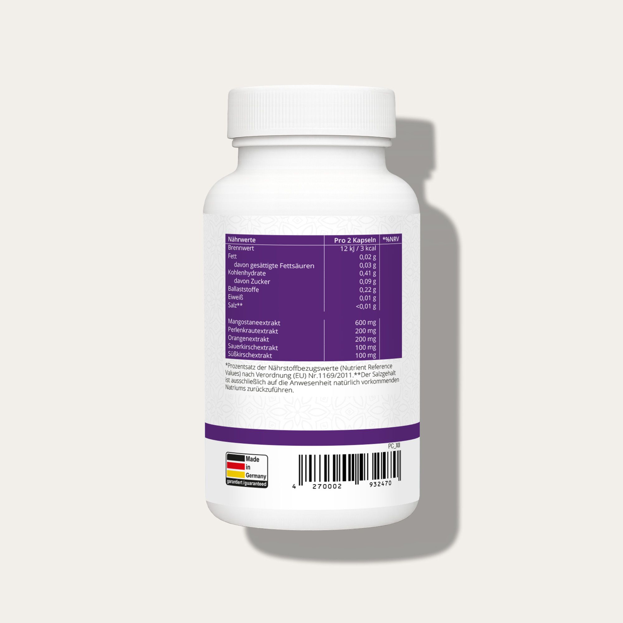 Weiße Flasche mit lila Etikett. Enthält Nährwertangaben und Inhaltsstoffe. Hergestellt in Deutschland.