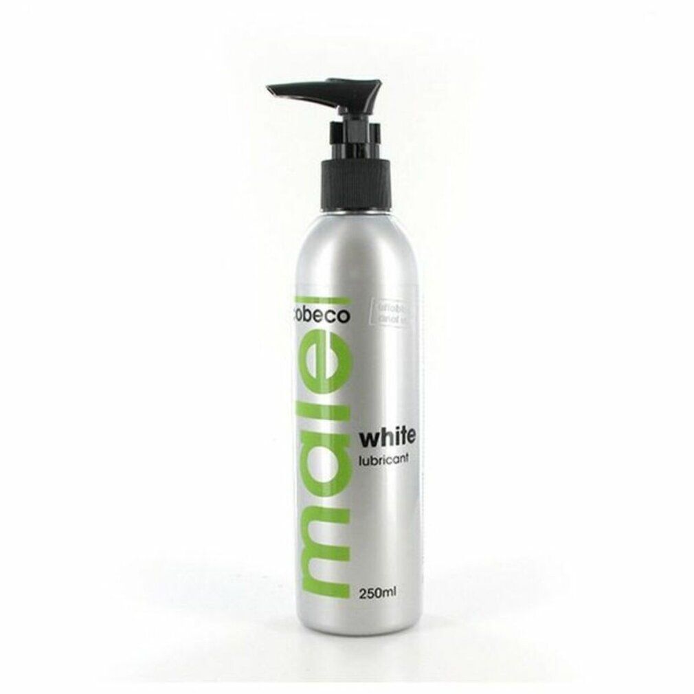Silberne Flasche mit schwarzem Pumpkopf. Aufschrift: male white lubricant 250ml. Marke: Cobeco.
