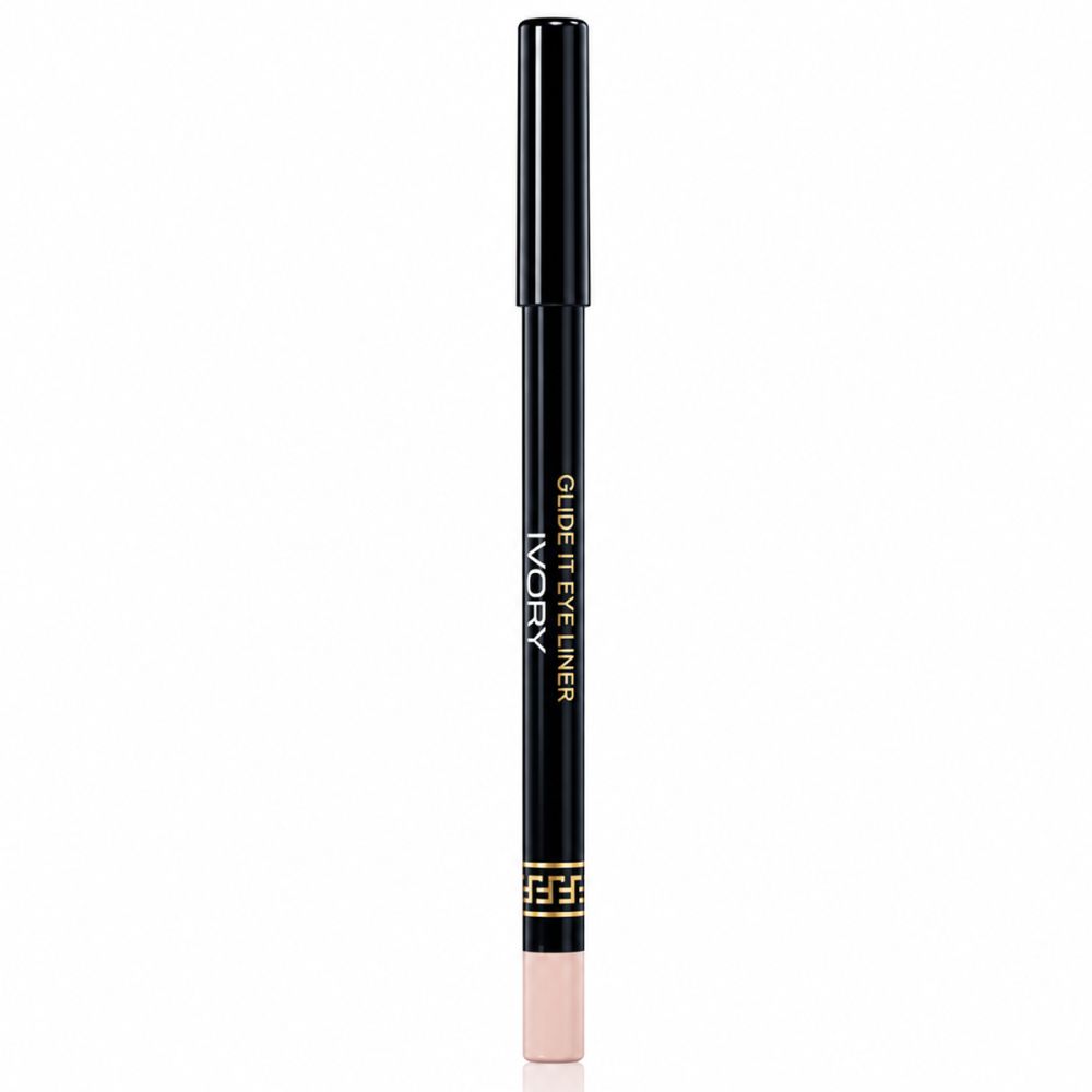 Schwarzer Eyeliner-Stift mit goldener Schrift 'GLIDE IT EYE LINER IVORY'. Spitze ist hellrosa.
