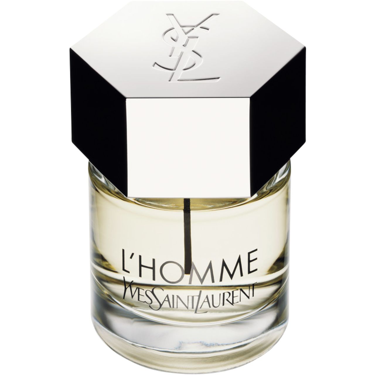 Parfümflakon mit silbernem Deckel. Aufschrift: L'Homme, Yves Saint Laurent. Nahaufnahme.